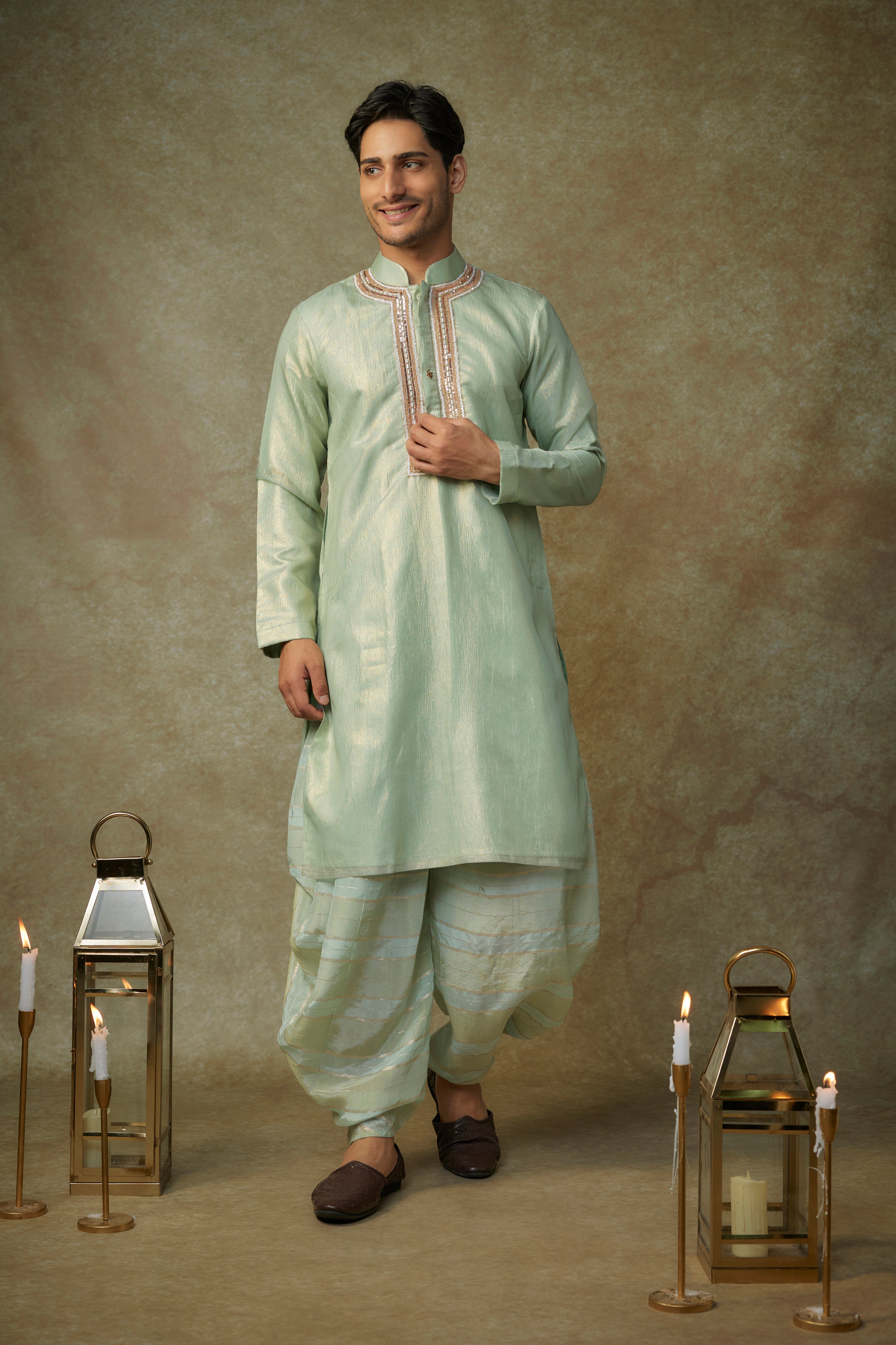 SAGE GREEN EMBROIDERED KURTA WITH DUPATTA AND DHOTI