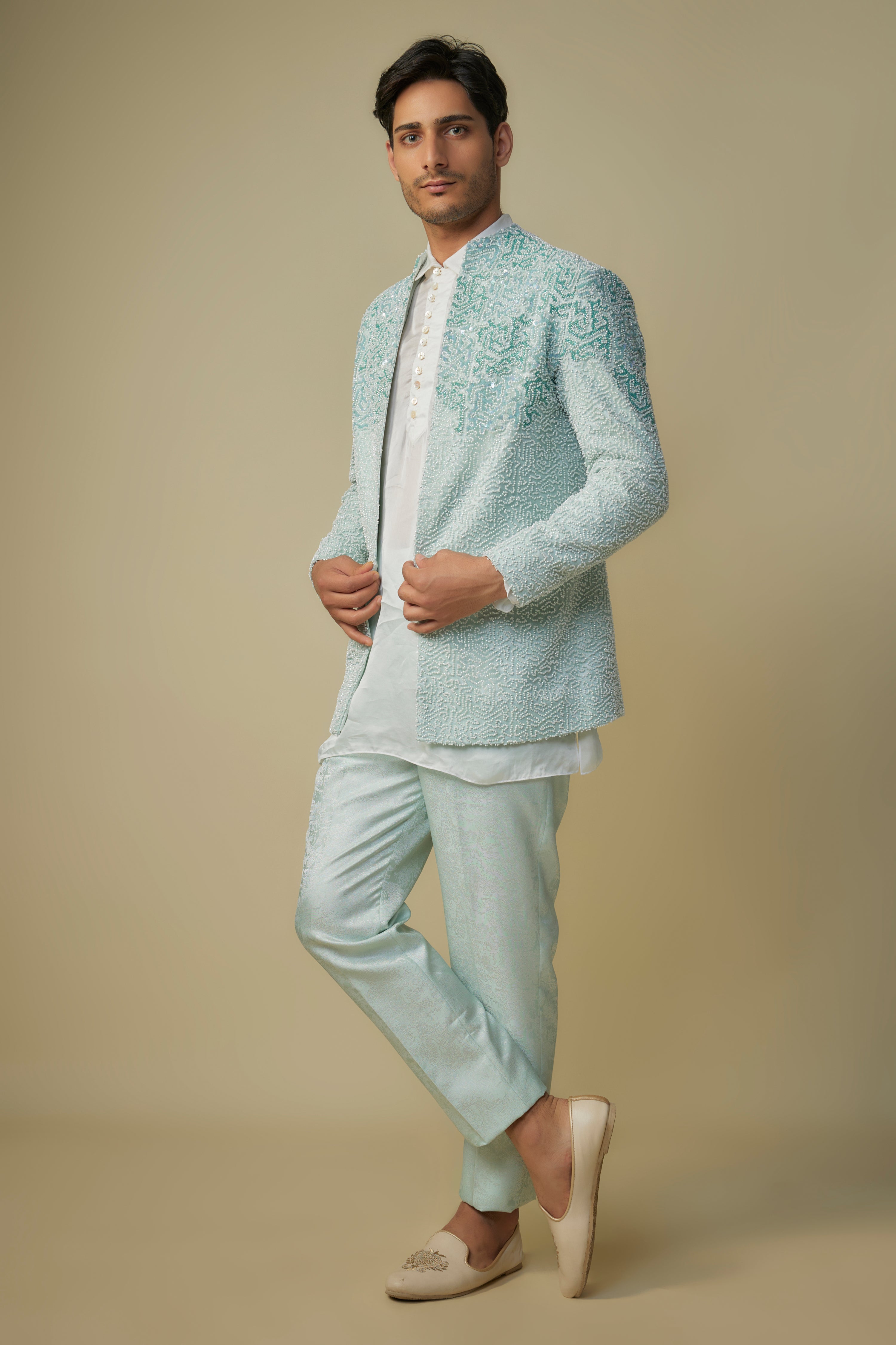 MINT EMBROIDERED JACKET WITH KURTA AND PANT