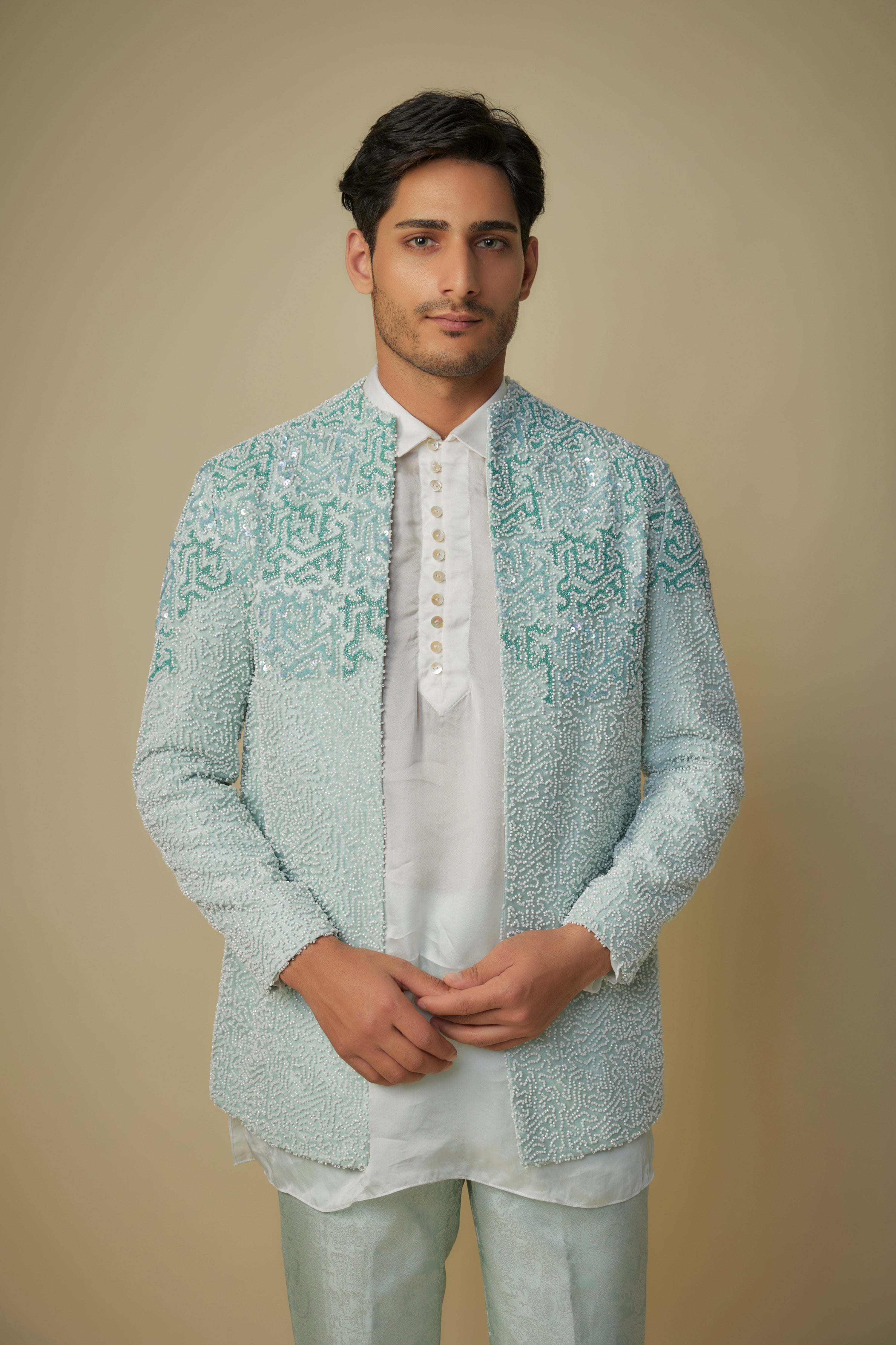 MINT EMBROIDERED JACKET WITH KURTA AND PANT