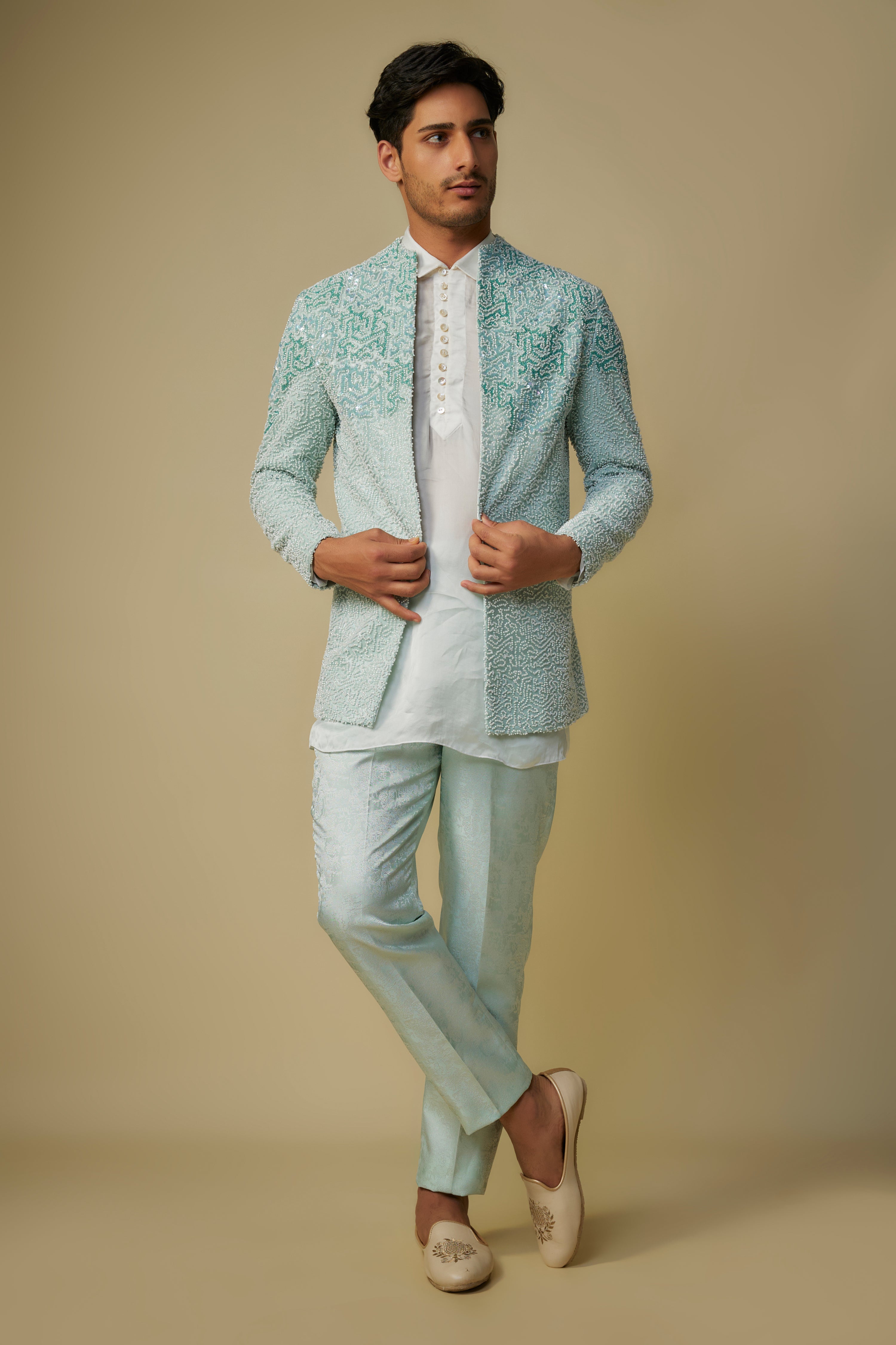 MINT EMBROIDERED JACKET WITH KURTA AND PANT