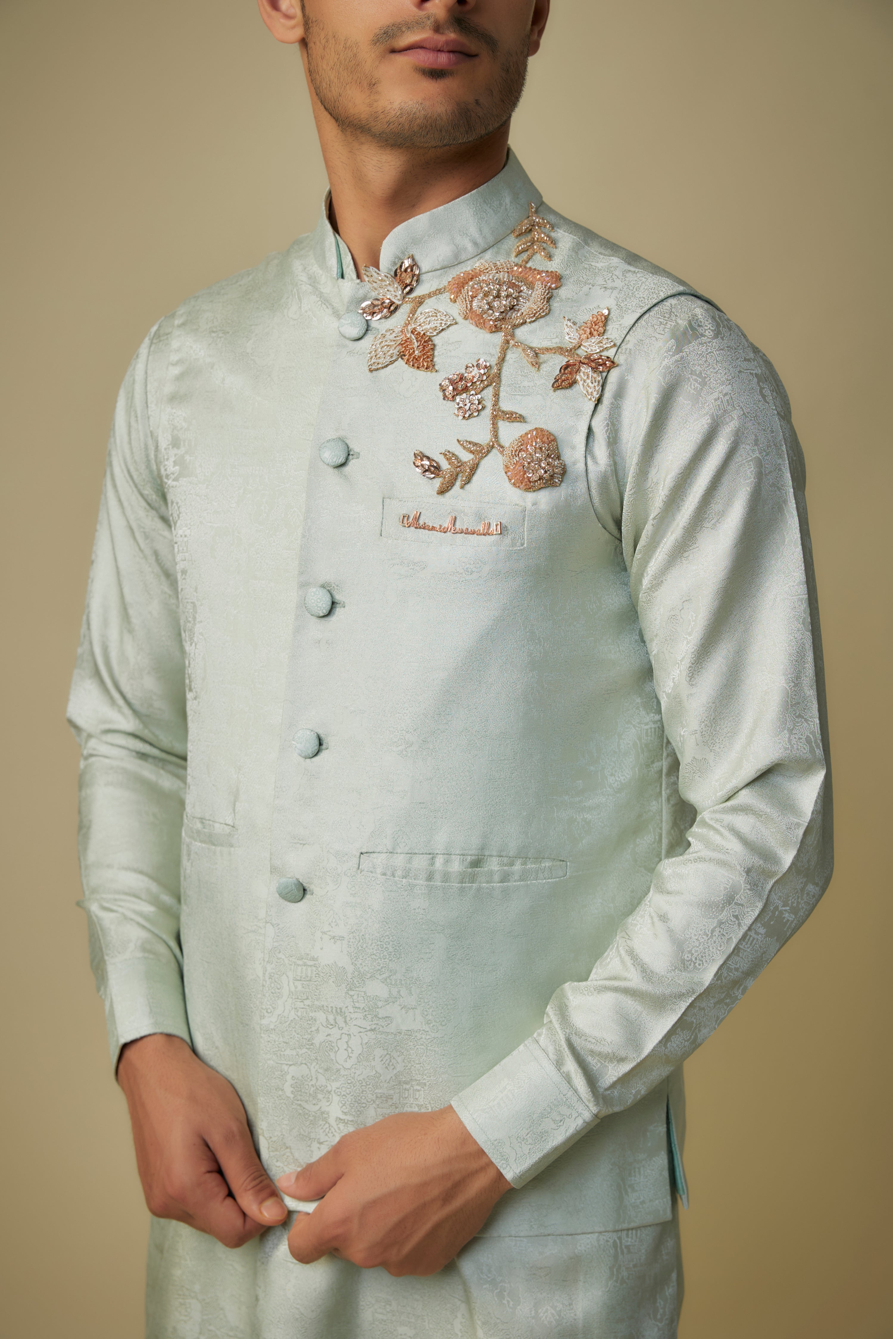 SAGE GREEN EMBROIDERED BUNDI WITH KURTA AND PANT