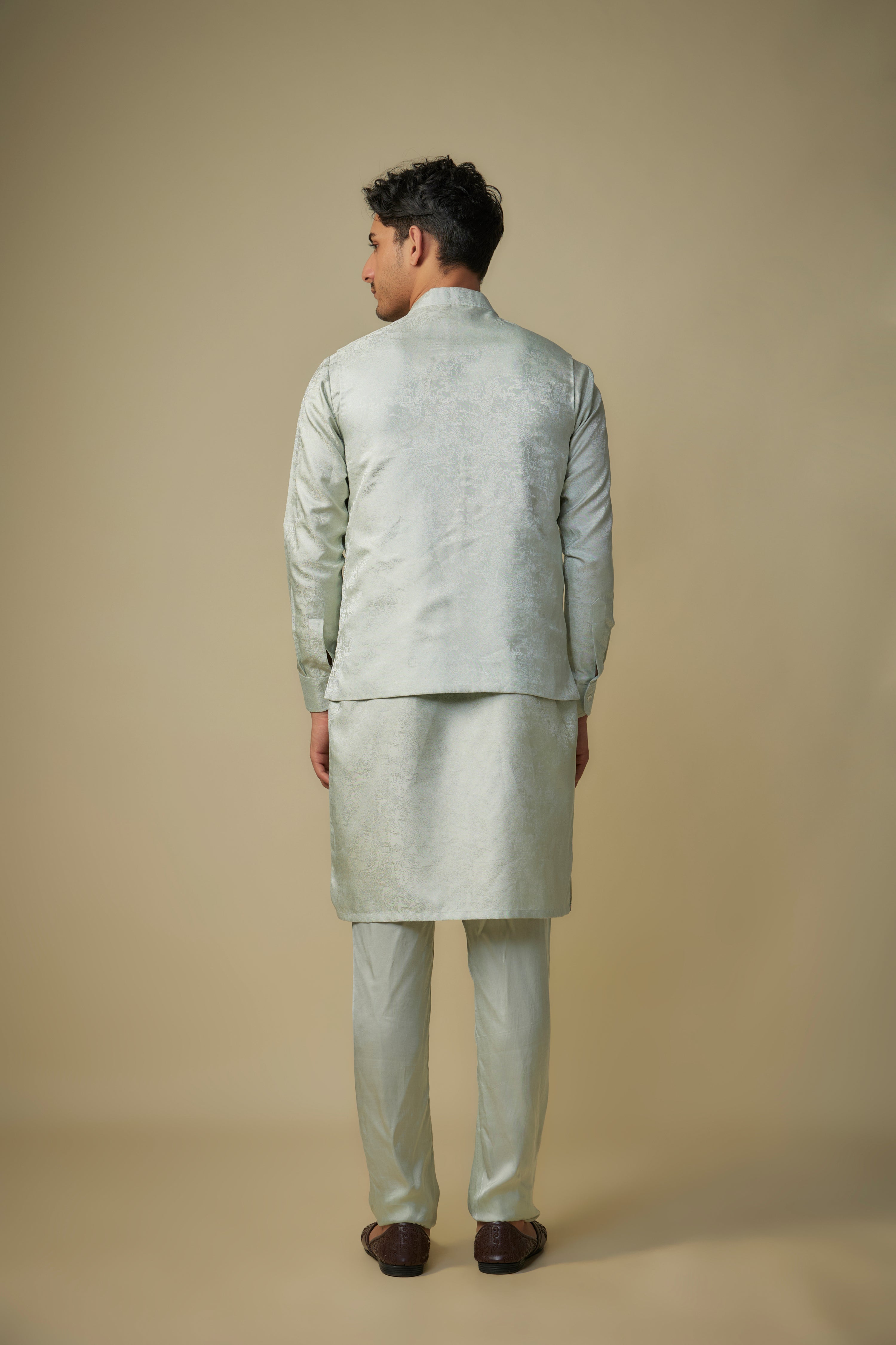 SAGE GREEN EMBROIDERED BUNDI WITH KURTA AND PANT