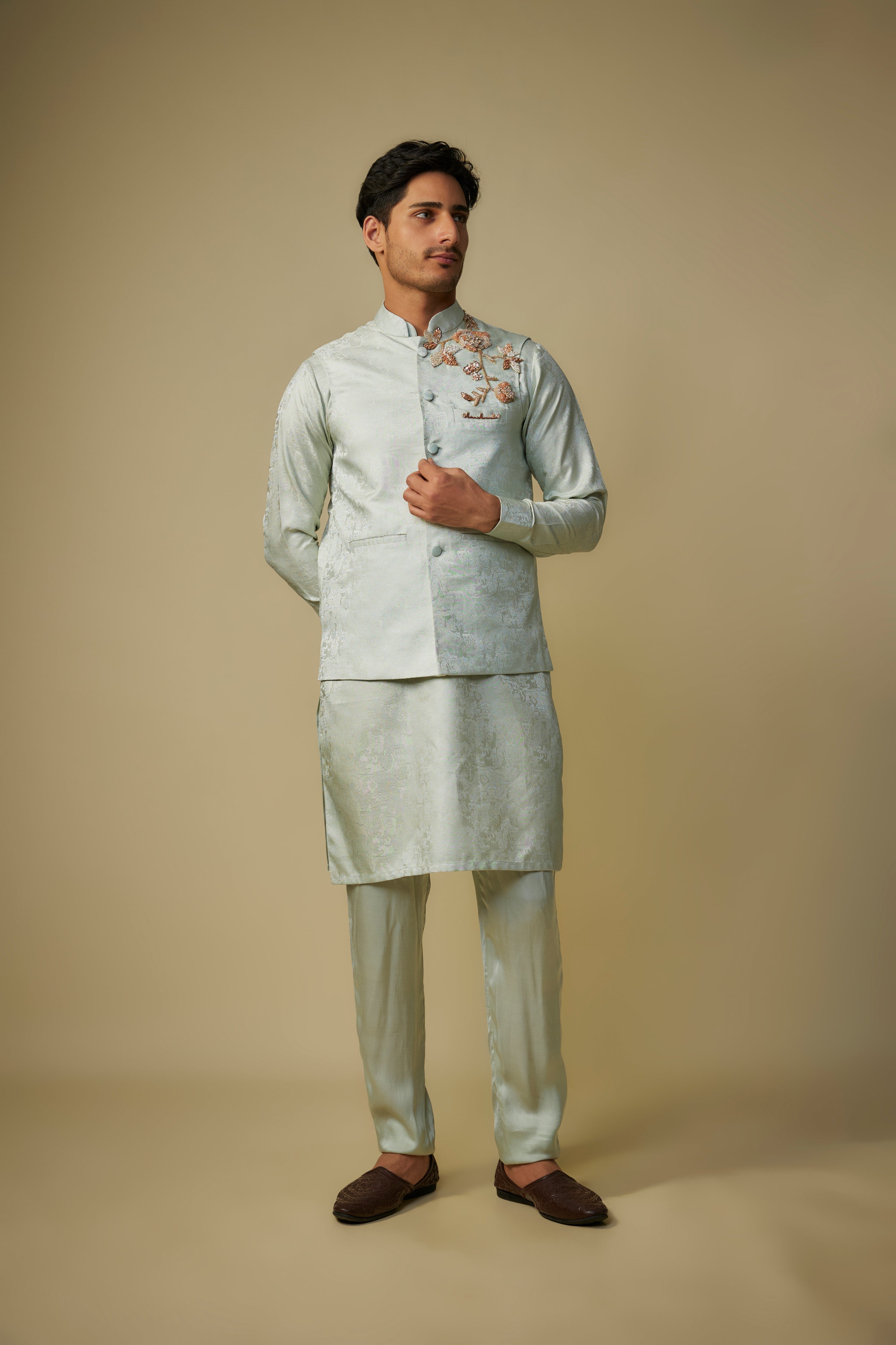 SAGE GREEN EMBROIDERED BUNDI WITH KURTA AND PANT