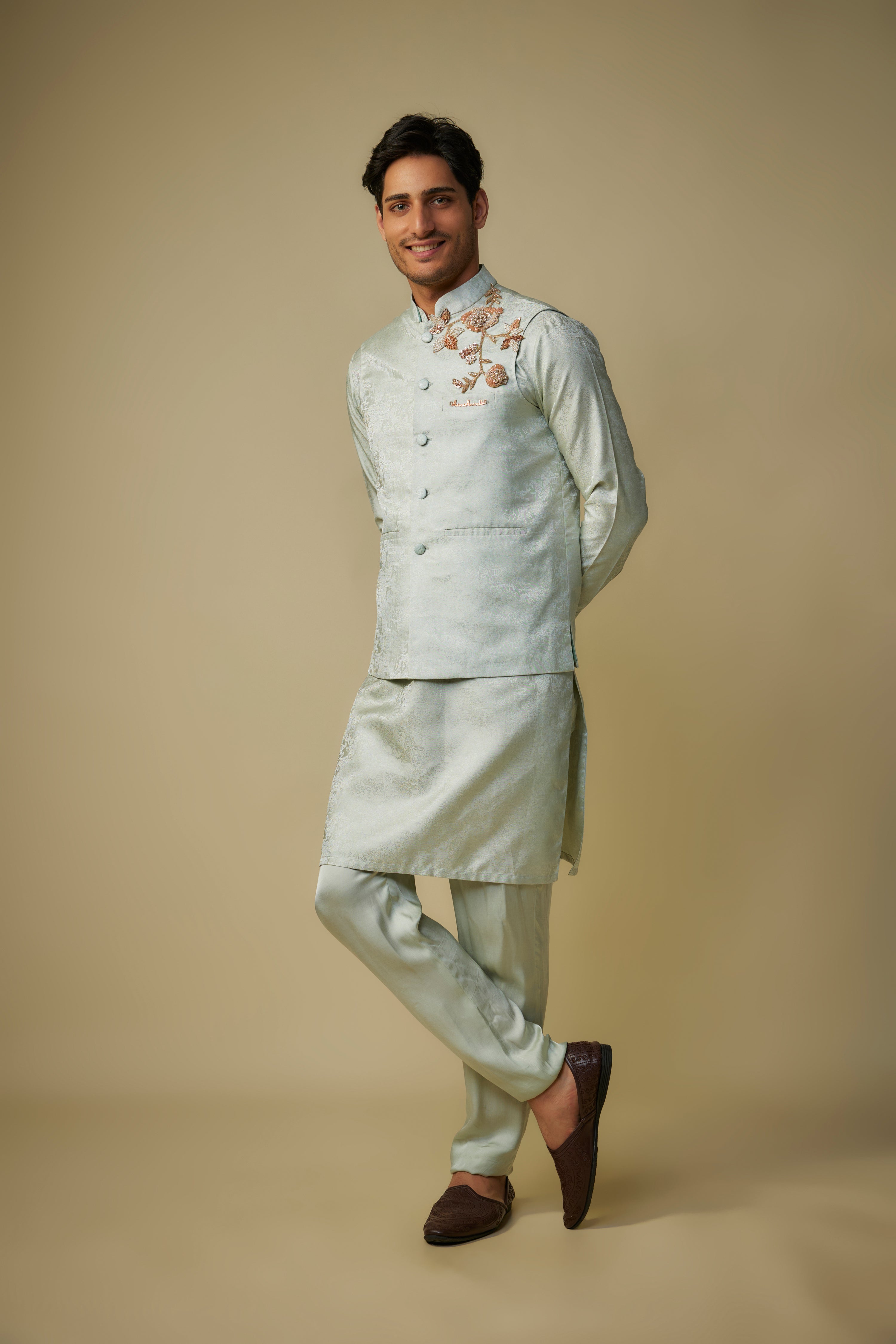 SAGE GREEN EMBROIDERED BUNDI WITH KURTA AND PANT