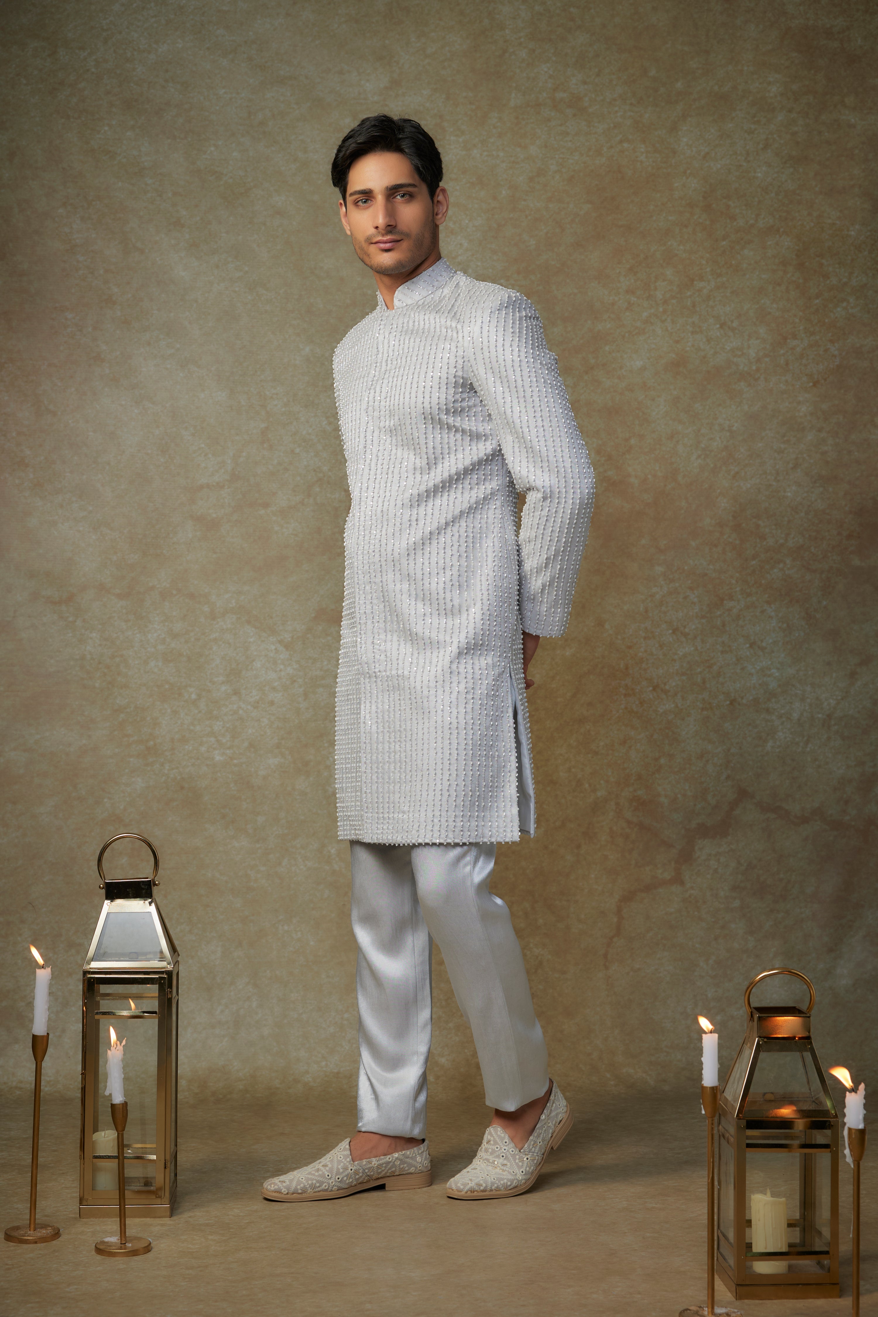 GREY EMBROIDERED SHERWANI WITH PANT
