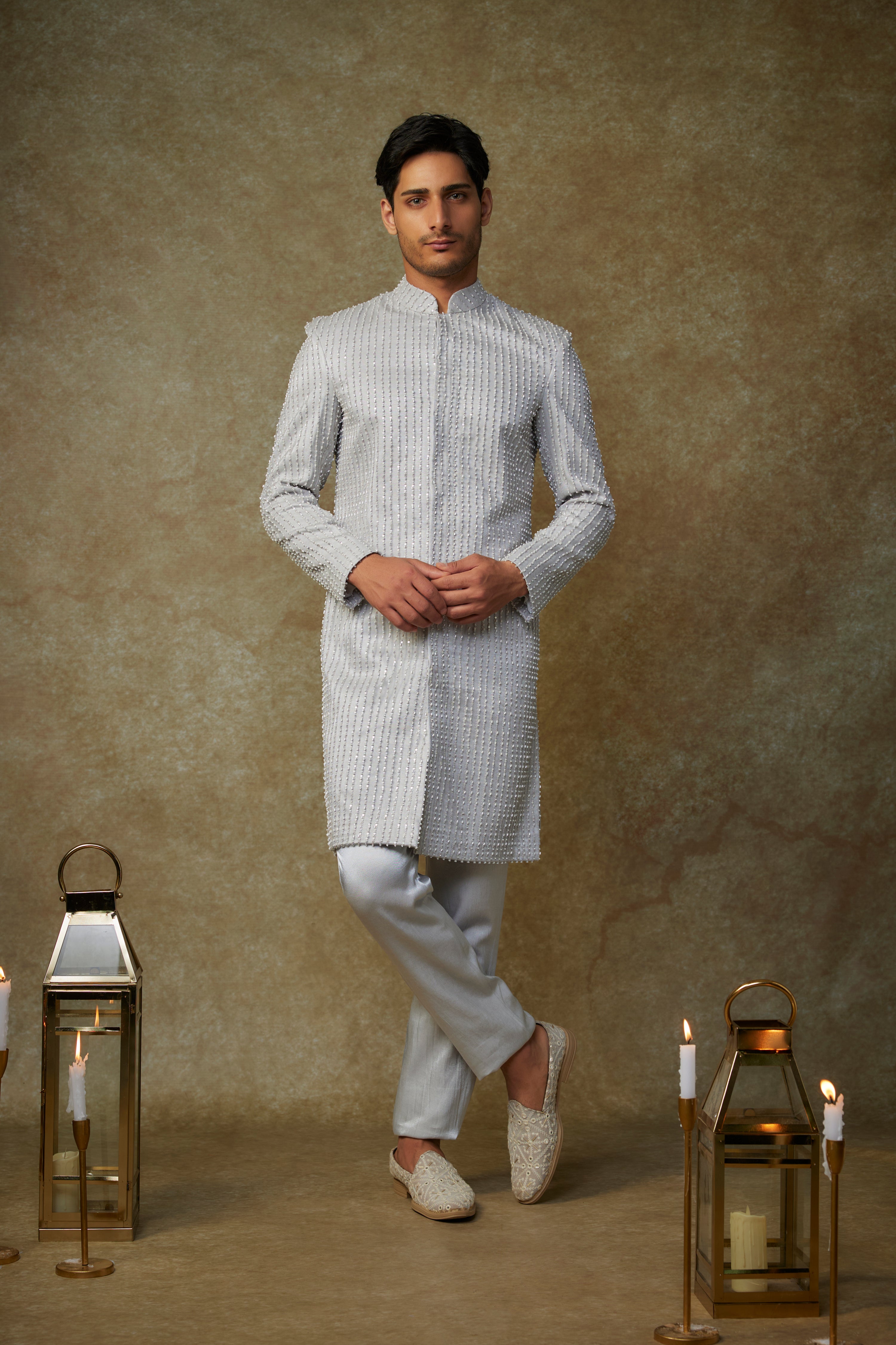 GREY EMBROIDERED SHERWANI WITH PANT
