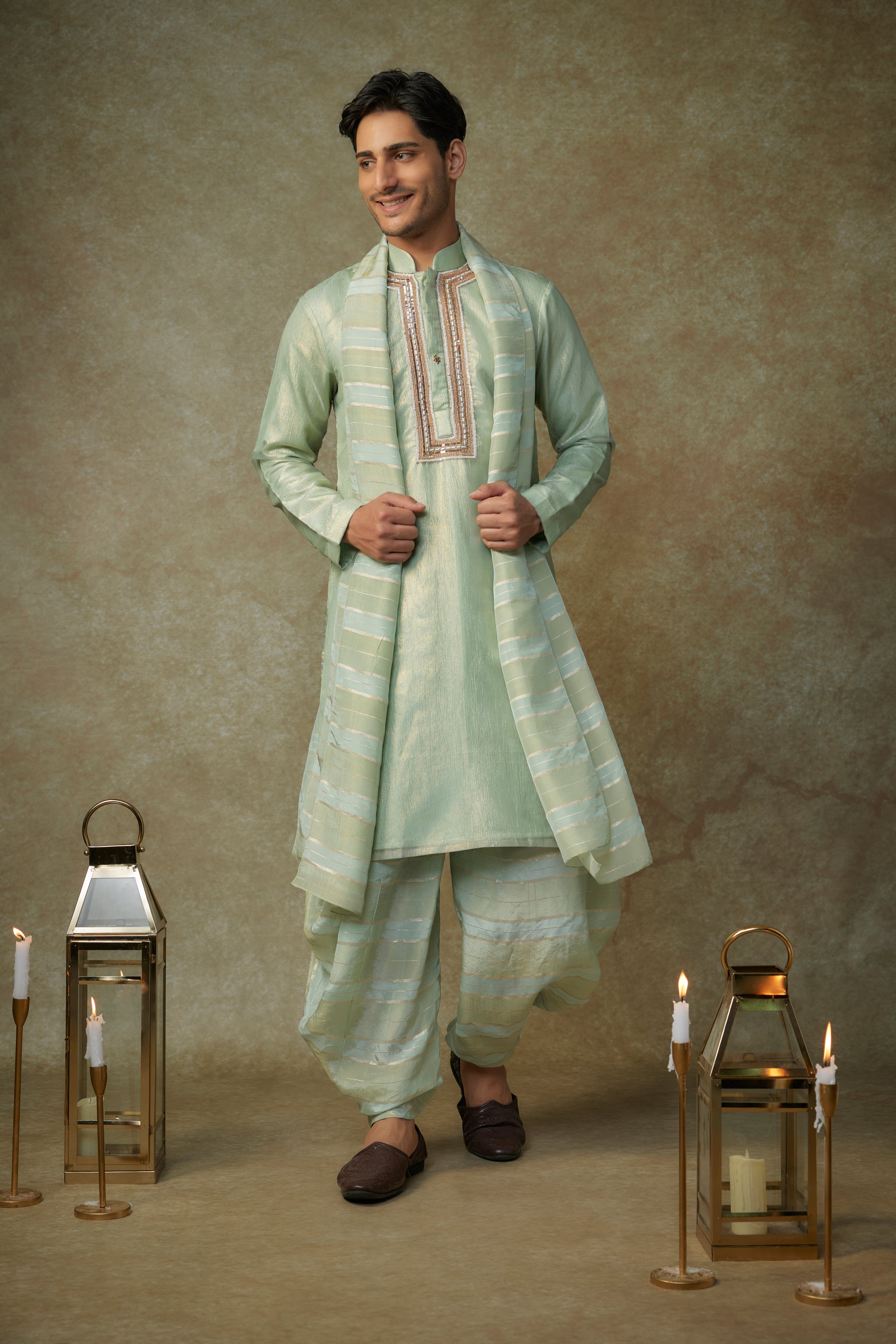 SAGE GREEN EMBROIDERED KURTA WITH DUPATTA AND DHOTI