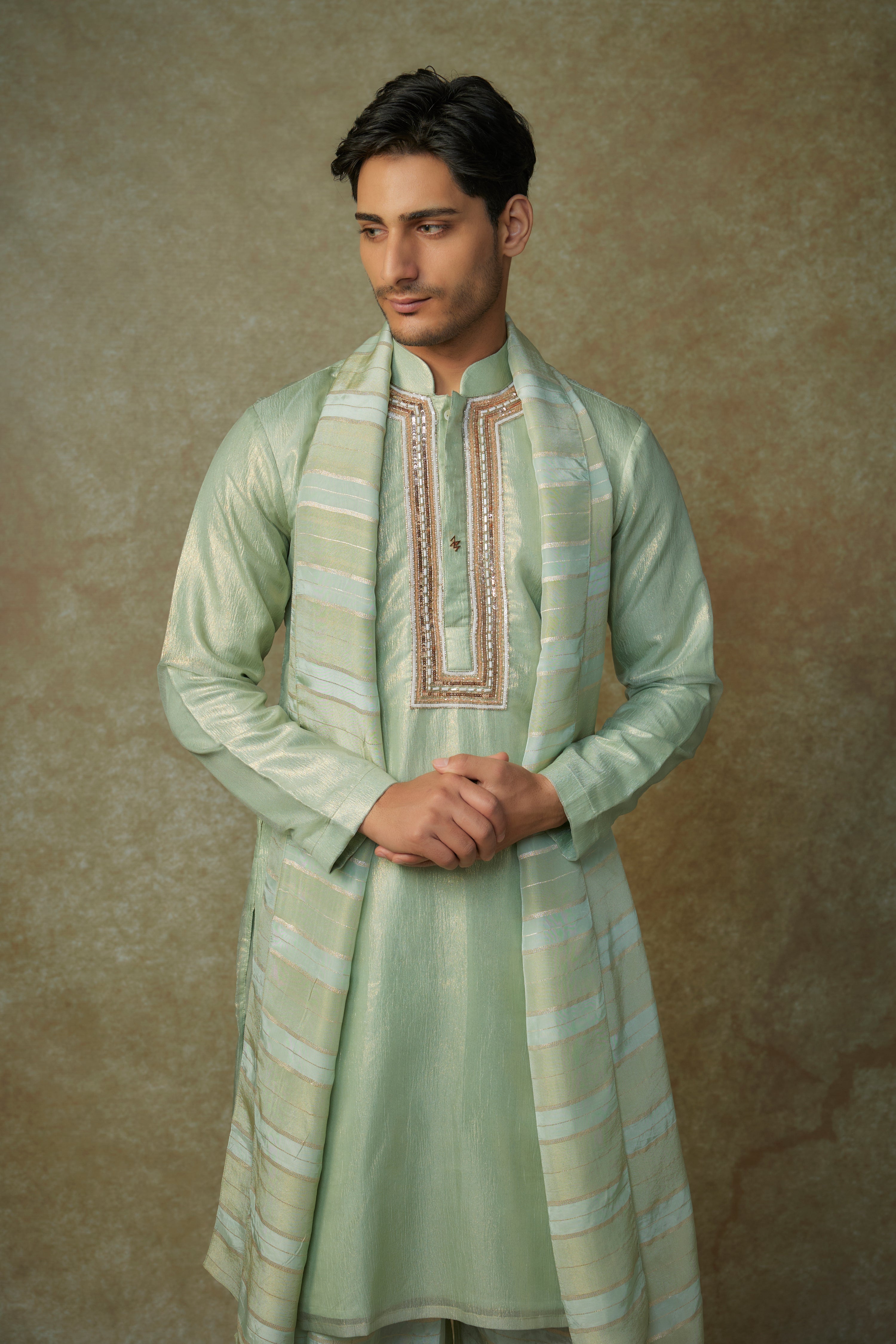 SAGE GREEN EMBROIDERED KURTA WITH DUPATTA AND DHOTI