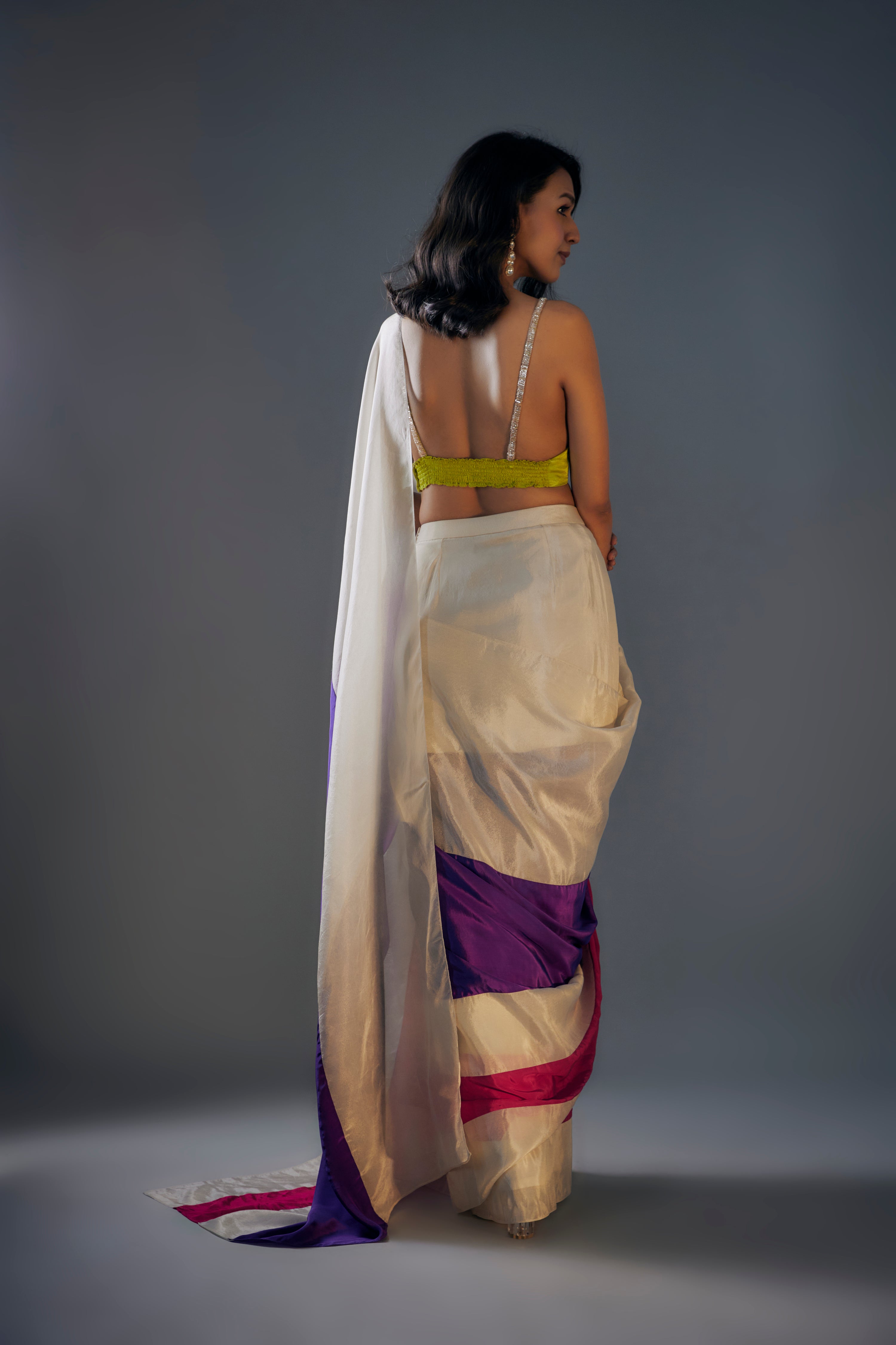 HOT PINK, PURPLE & BEIGE BLOCK SAREE IN TISSUE