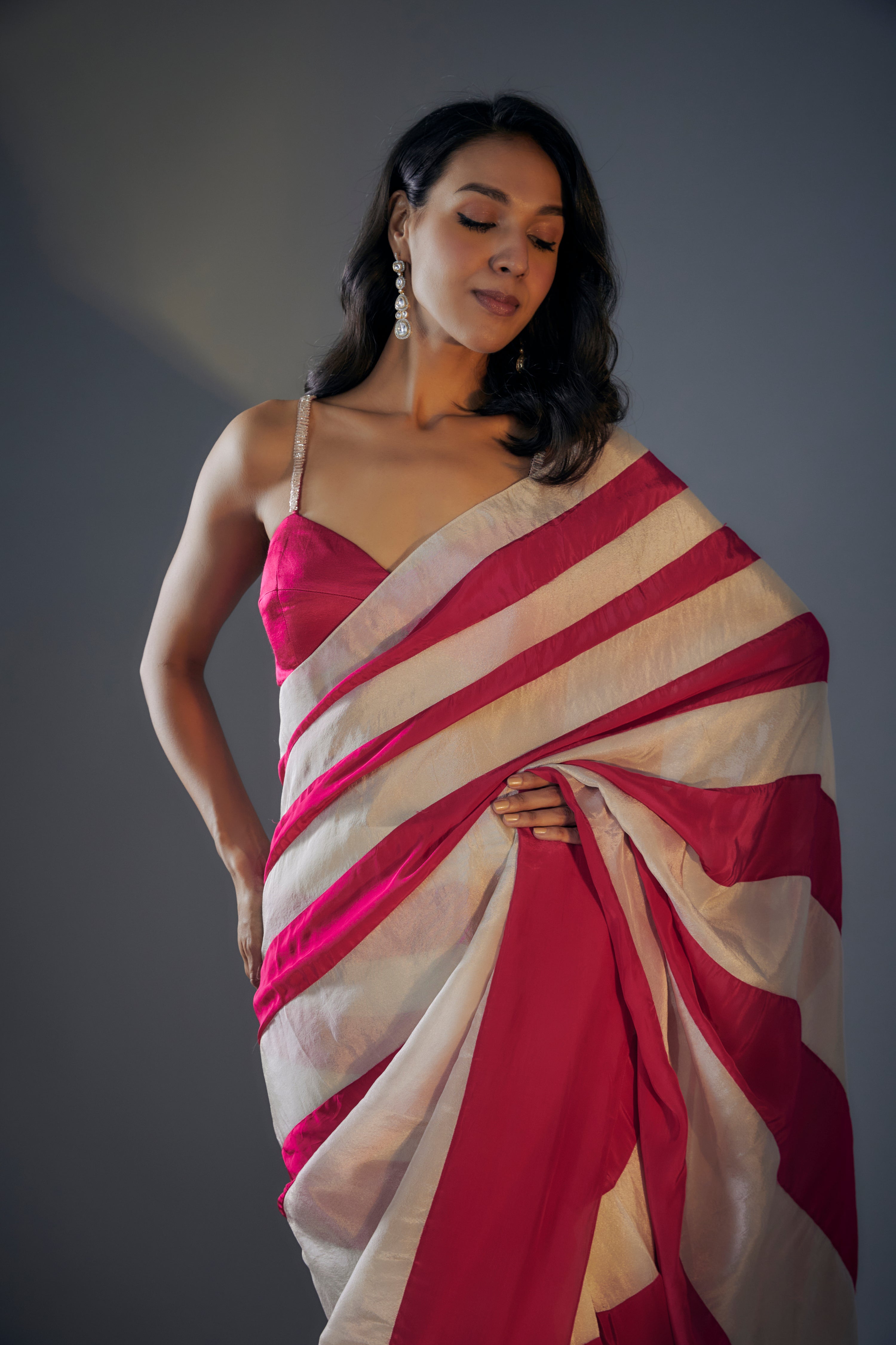 HOT PINK & LIGHT GOLD COLOUR BLOCK SAREE