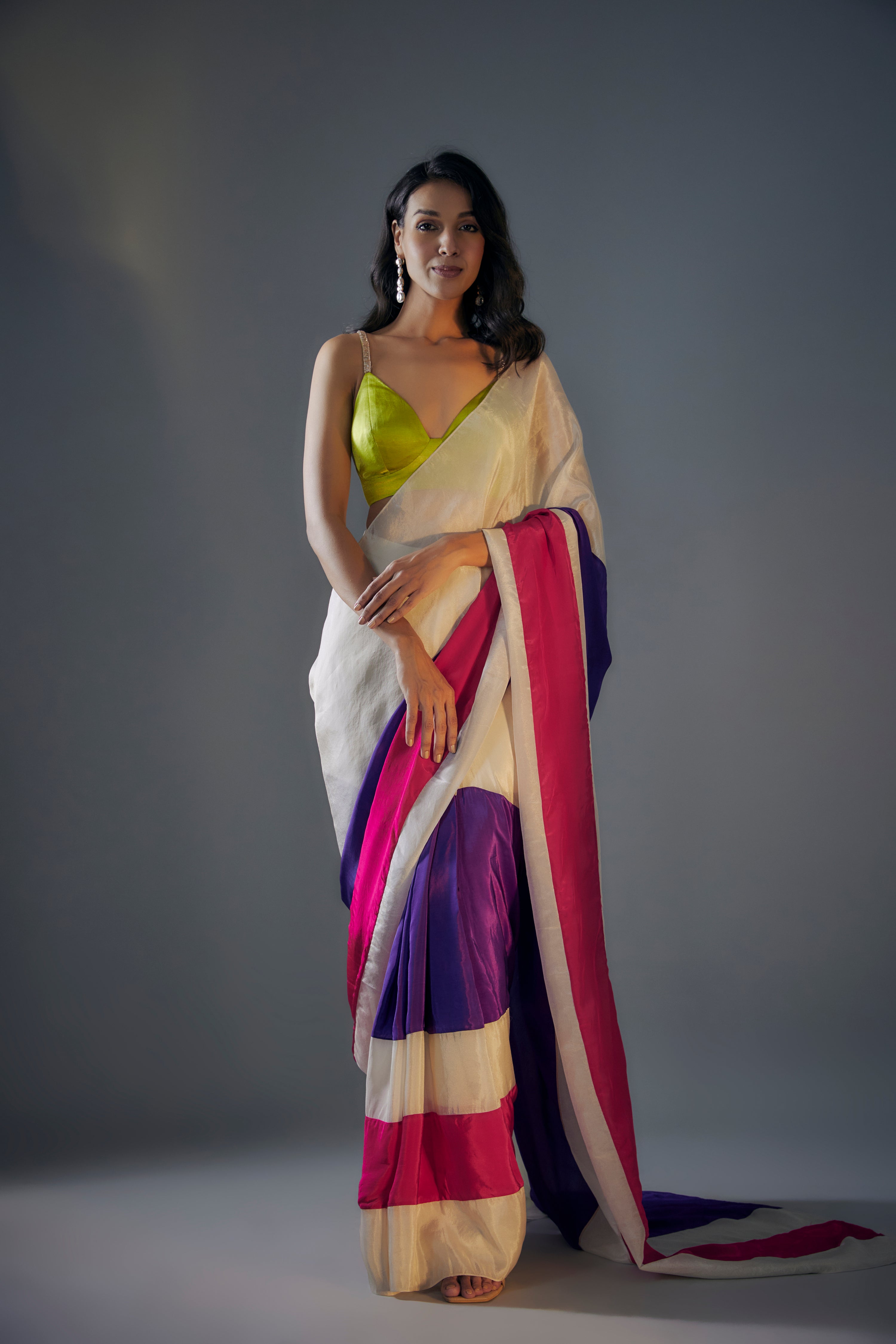 HOT PINK, PURPLE & BEIGE BLOCK SAREE IN TISSUE