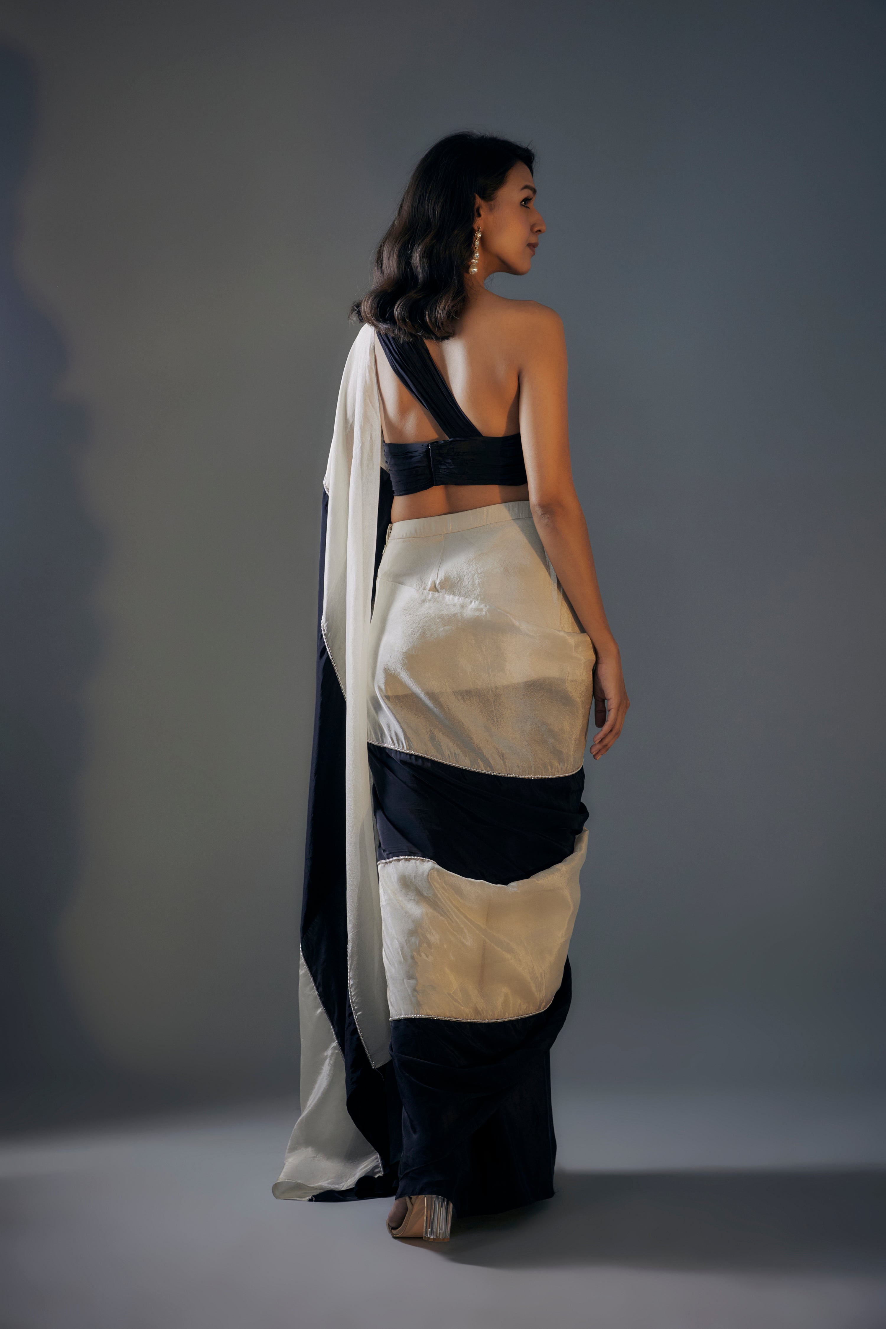 BLACK AND LIGHT GOLD TISSUE SAREE SET