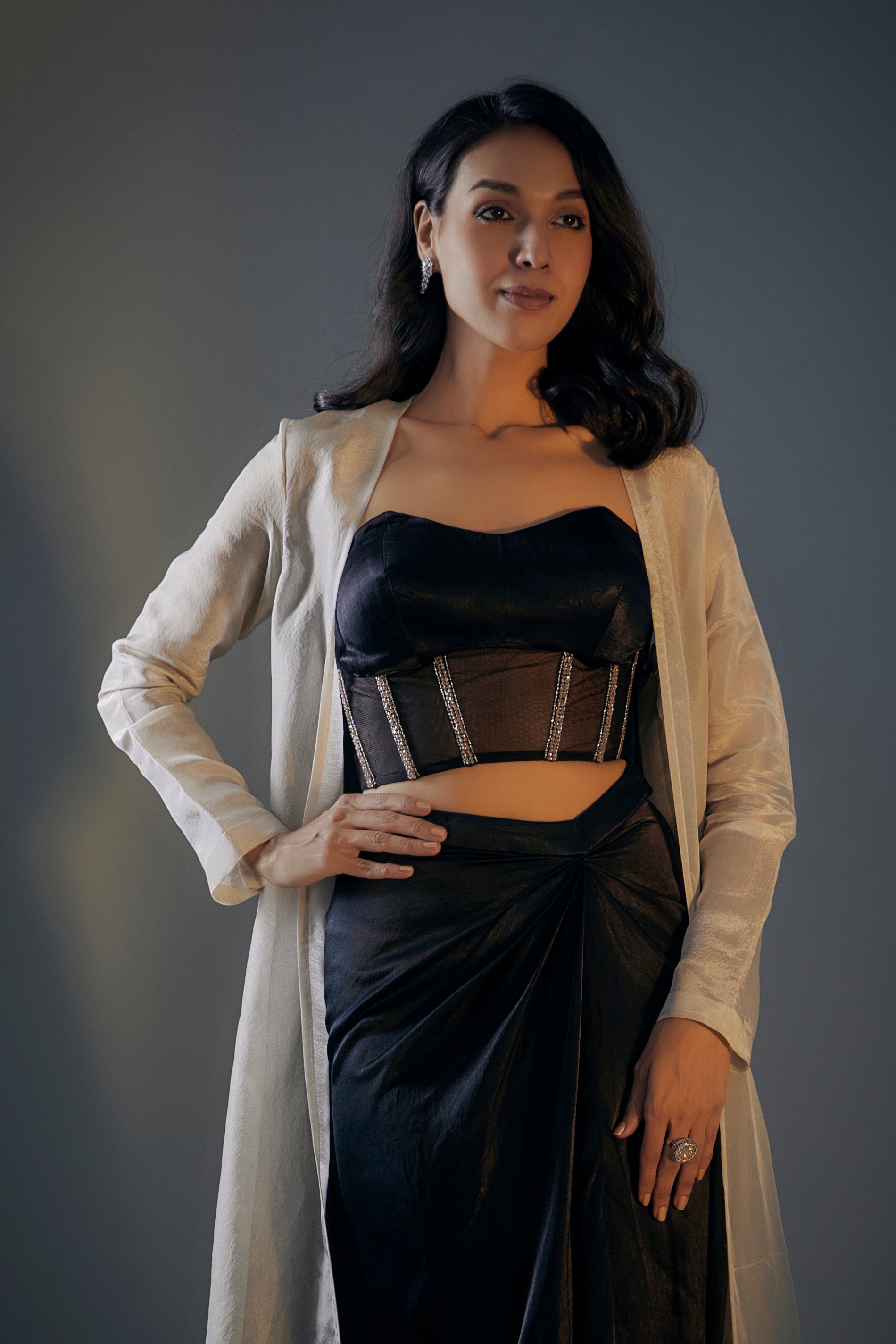 BLACK EMBROIDERED CORSET WITH DRAPED SKIRT & BLOCK JACKET