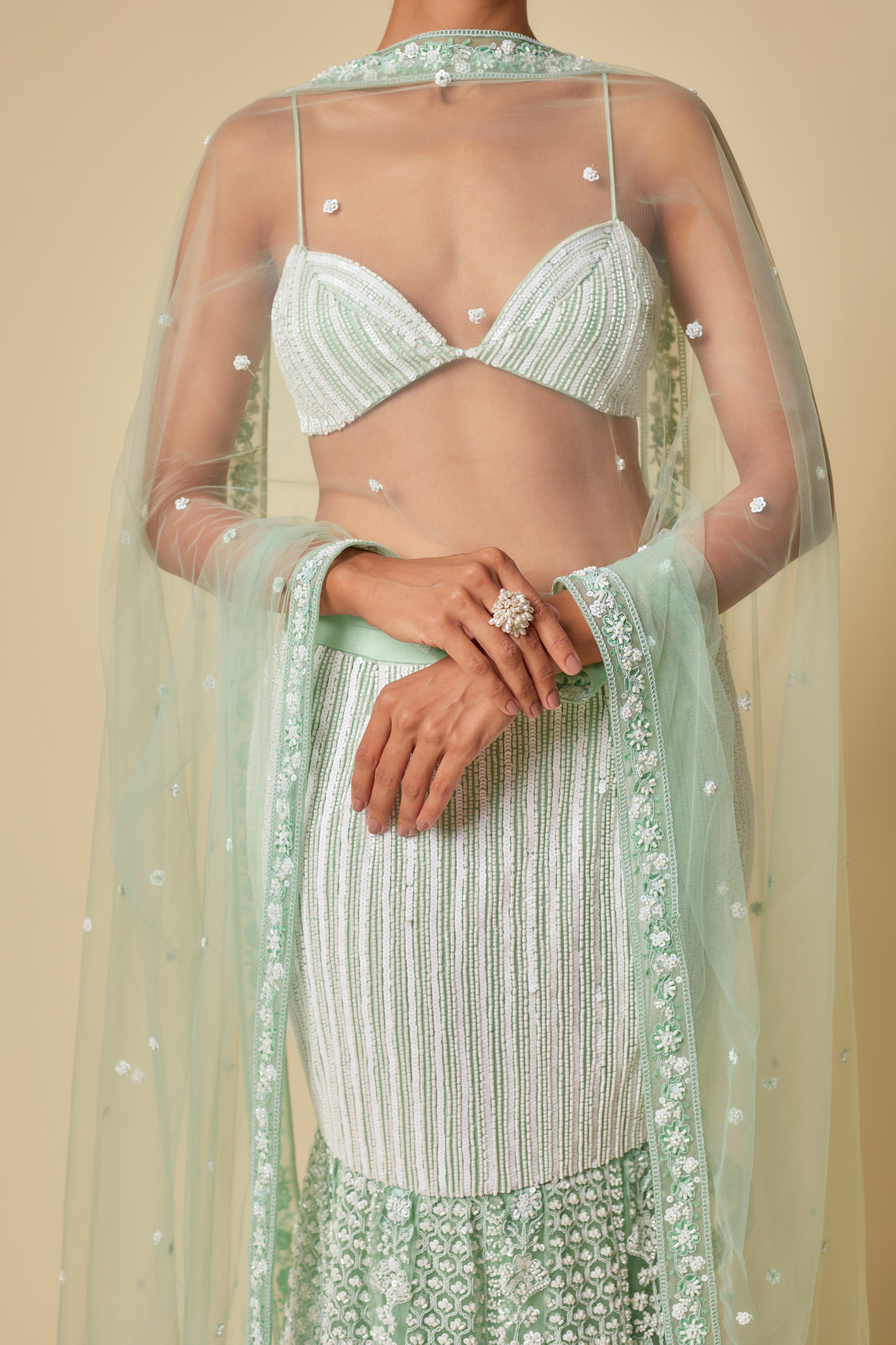 MINT EMBROIDERED MERMAID SKIRT WITH DUPATTA AND BLOUSE