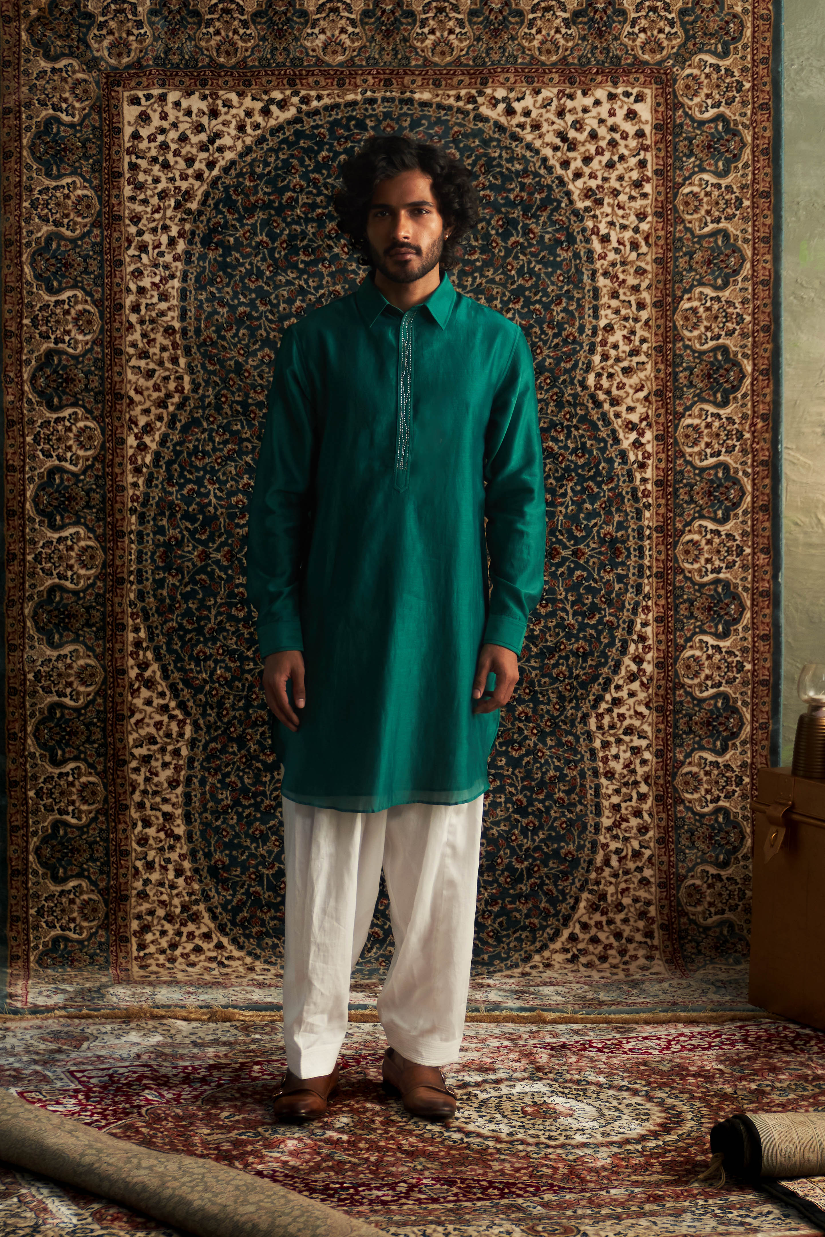 PRARAMBH EMBROIDERED GREEN WHITE PATHANI KURTA SET