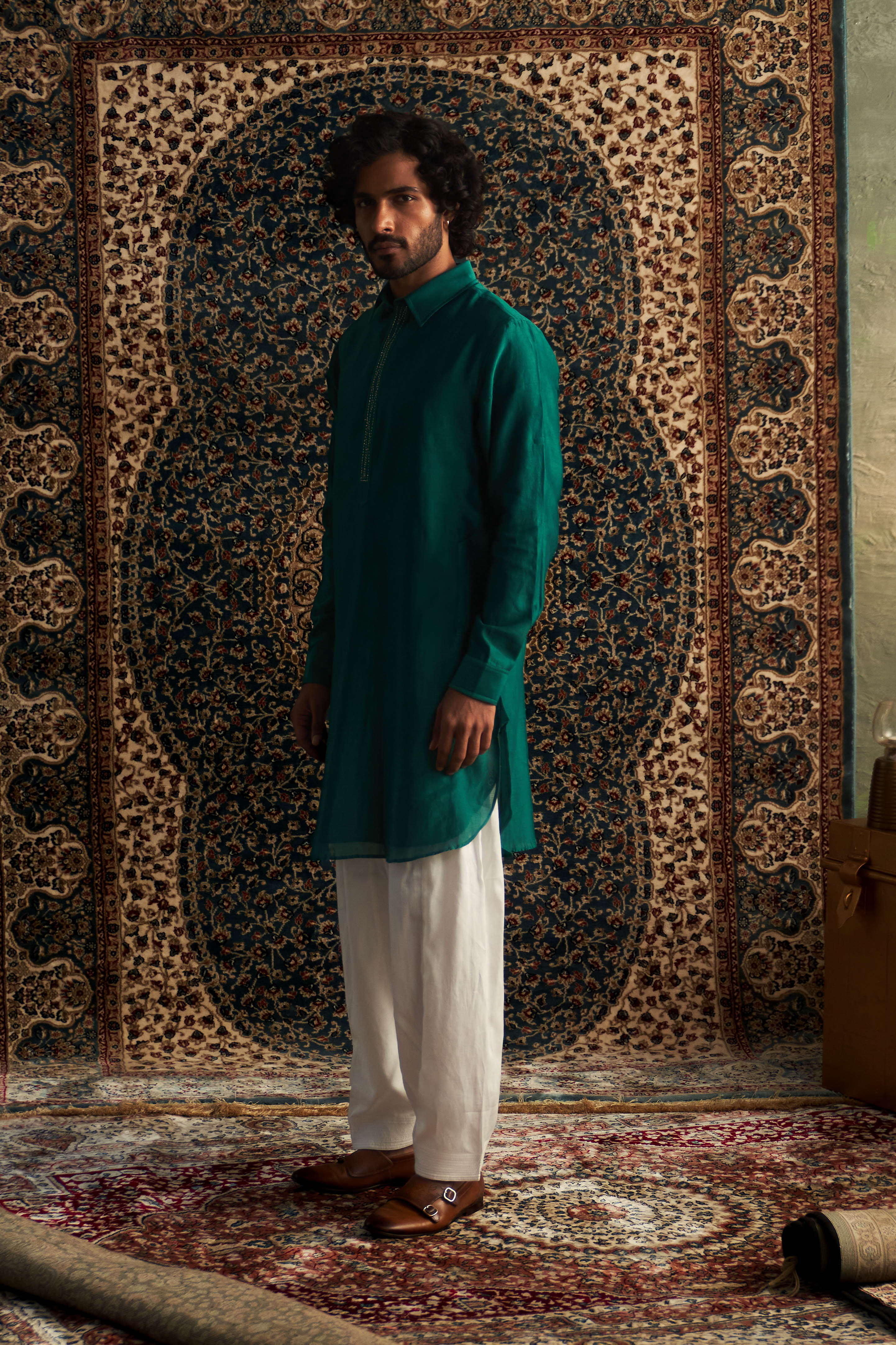 PRARAMBH EMBROIDERED GREEN WHITE PATHANI KURTA SET