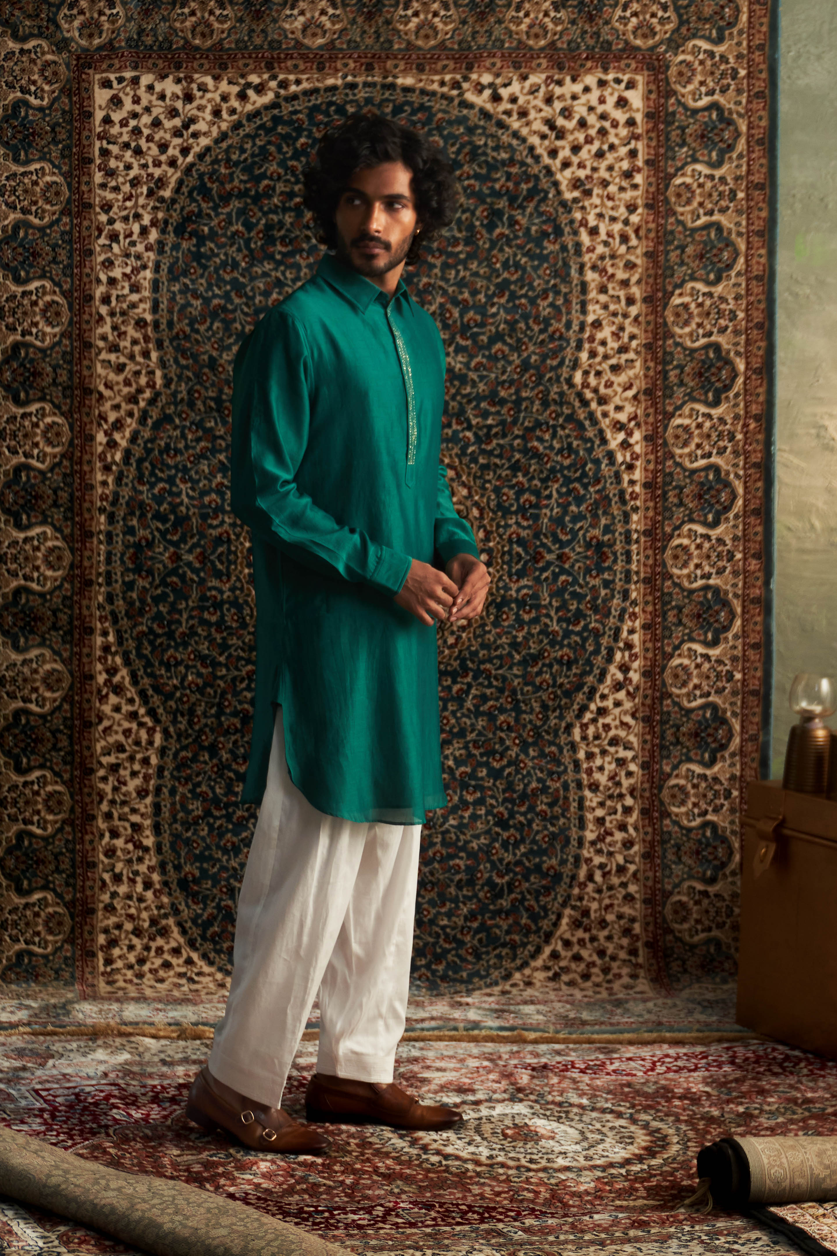 PRARAMBH EMBROIDERED GREEN WHITE PATHANI KURTA SET