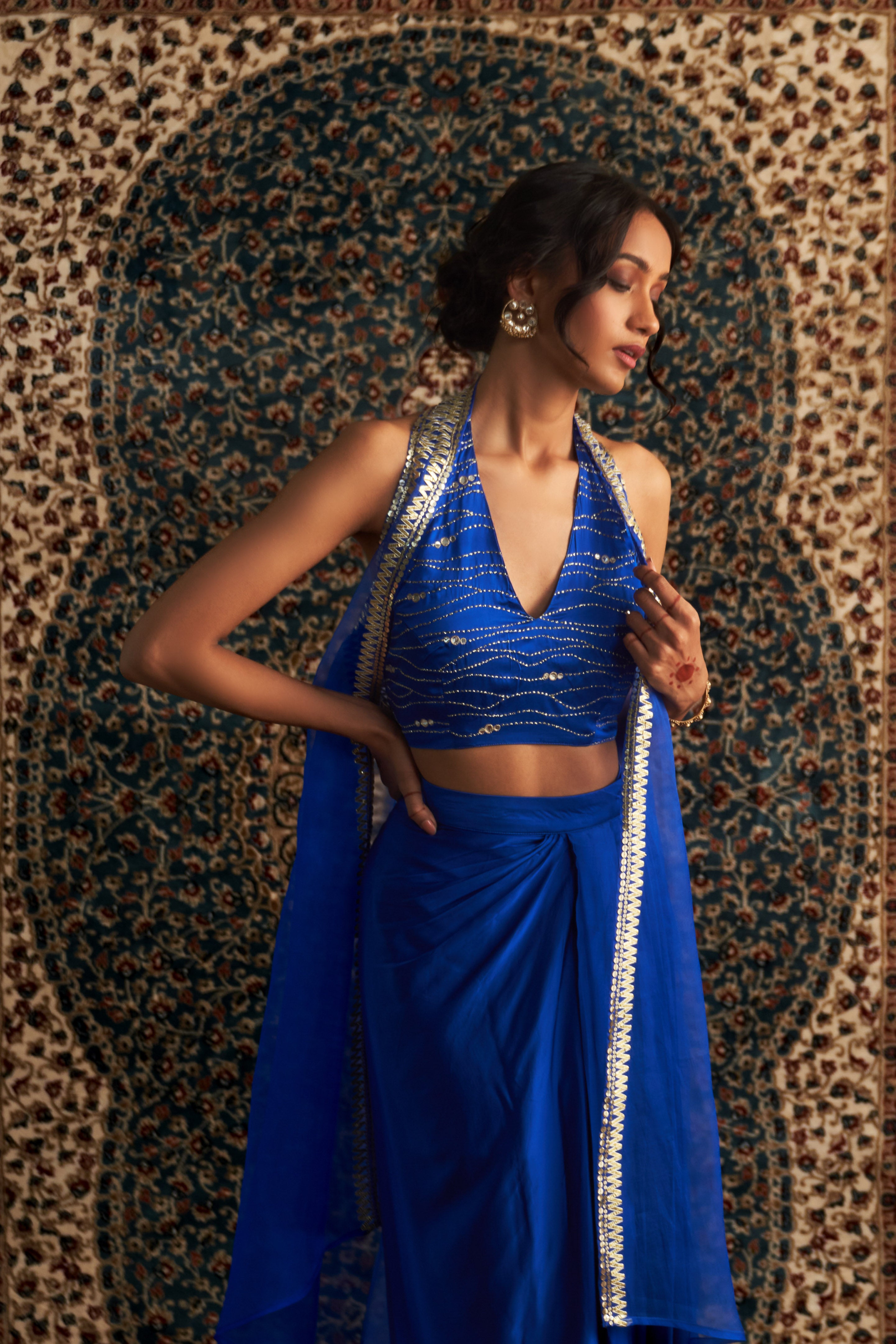 PRARAMBH EMBROIDERED JACKET WITH DRAPED SKIRT SET