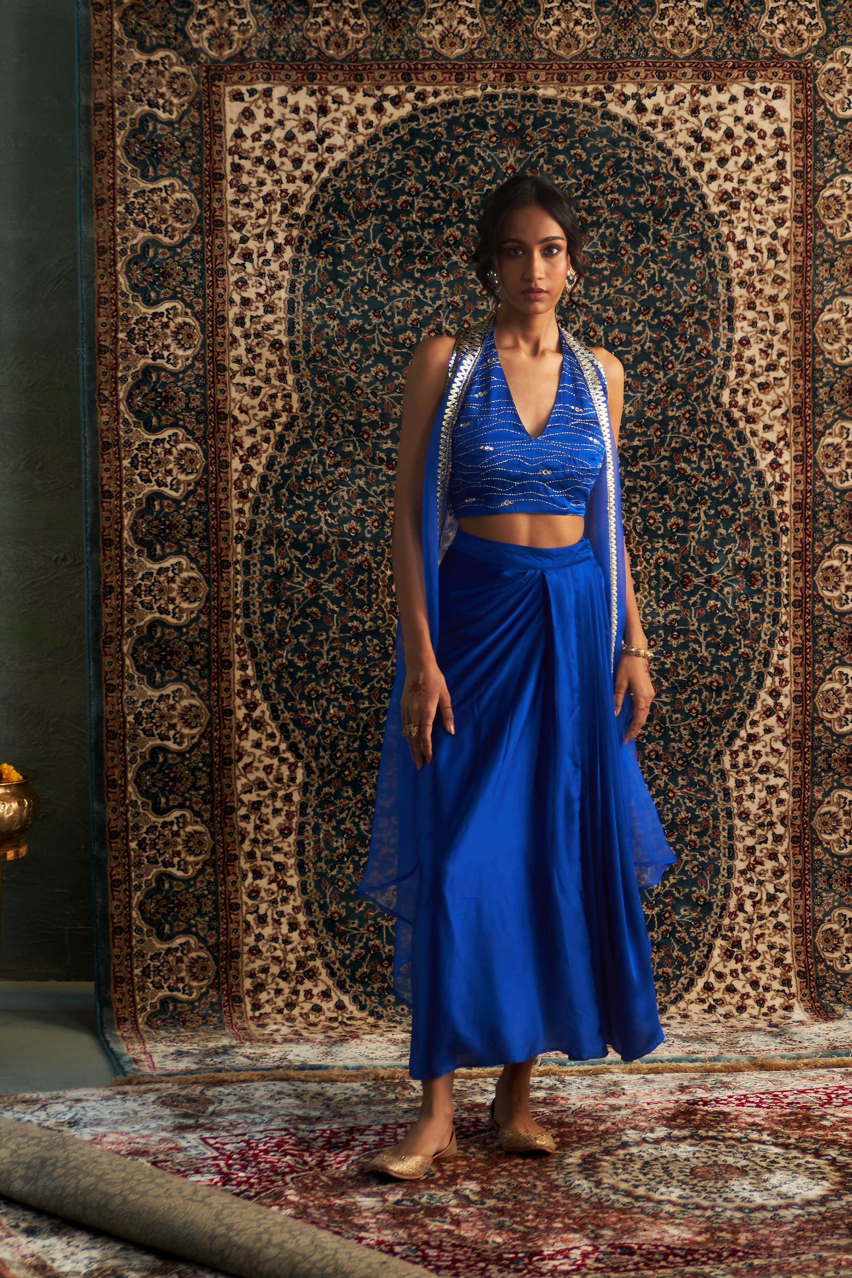 PRARAMBH EMBROIDERED JACKET WITH DRAPED SKIRT SET