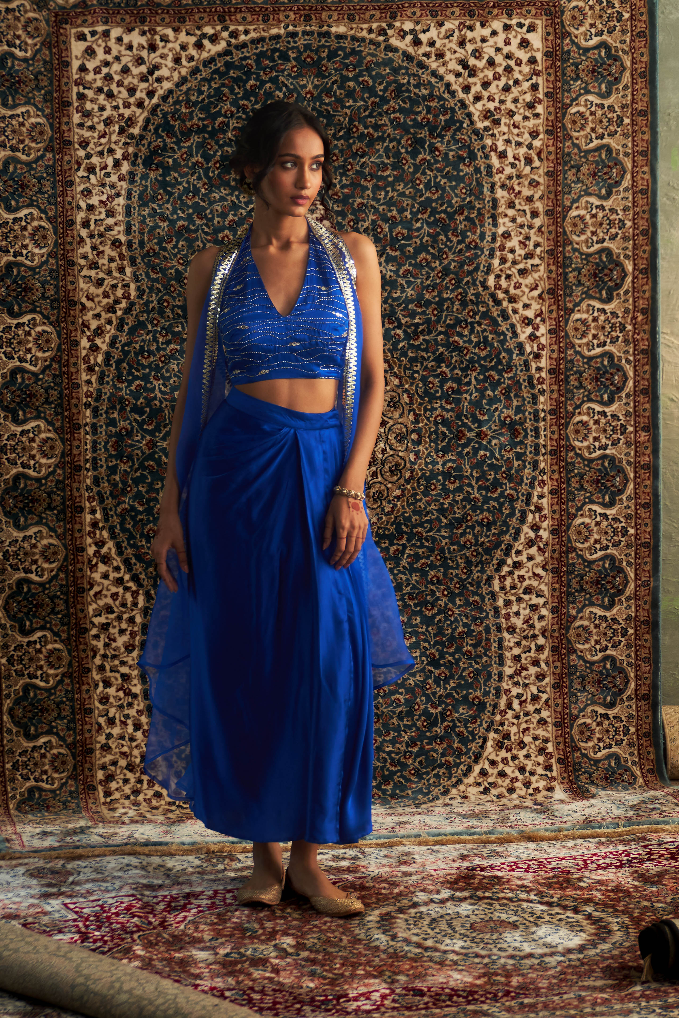 PRARAMBH EMBROIDERED JACKET WITH DRAPED SKIRT SET