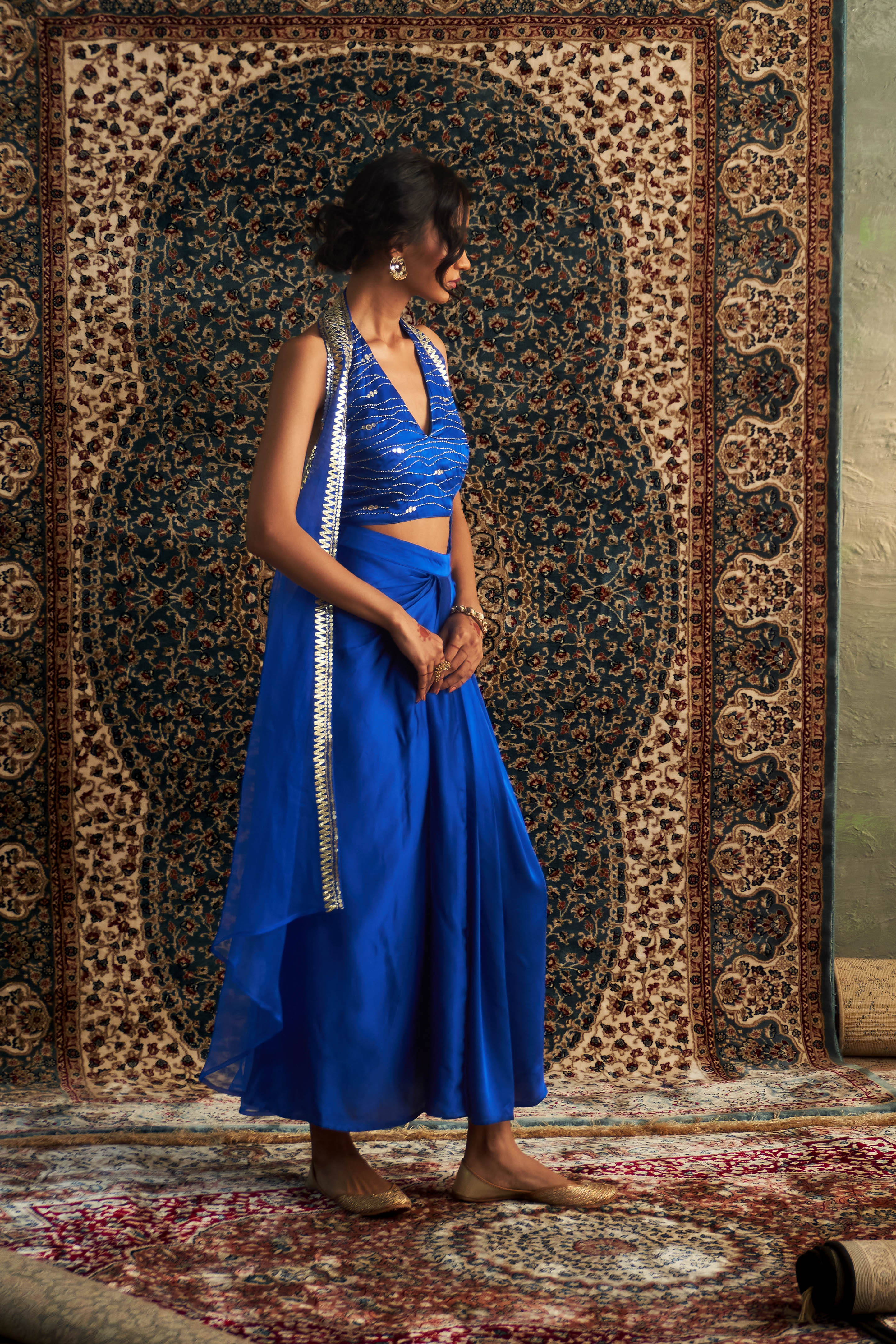 PRARAMBH EMBROIDERED JACKET WITH DRAPED SKIRT SET