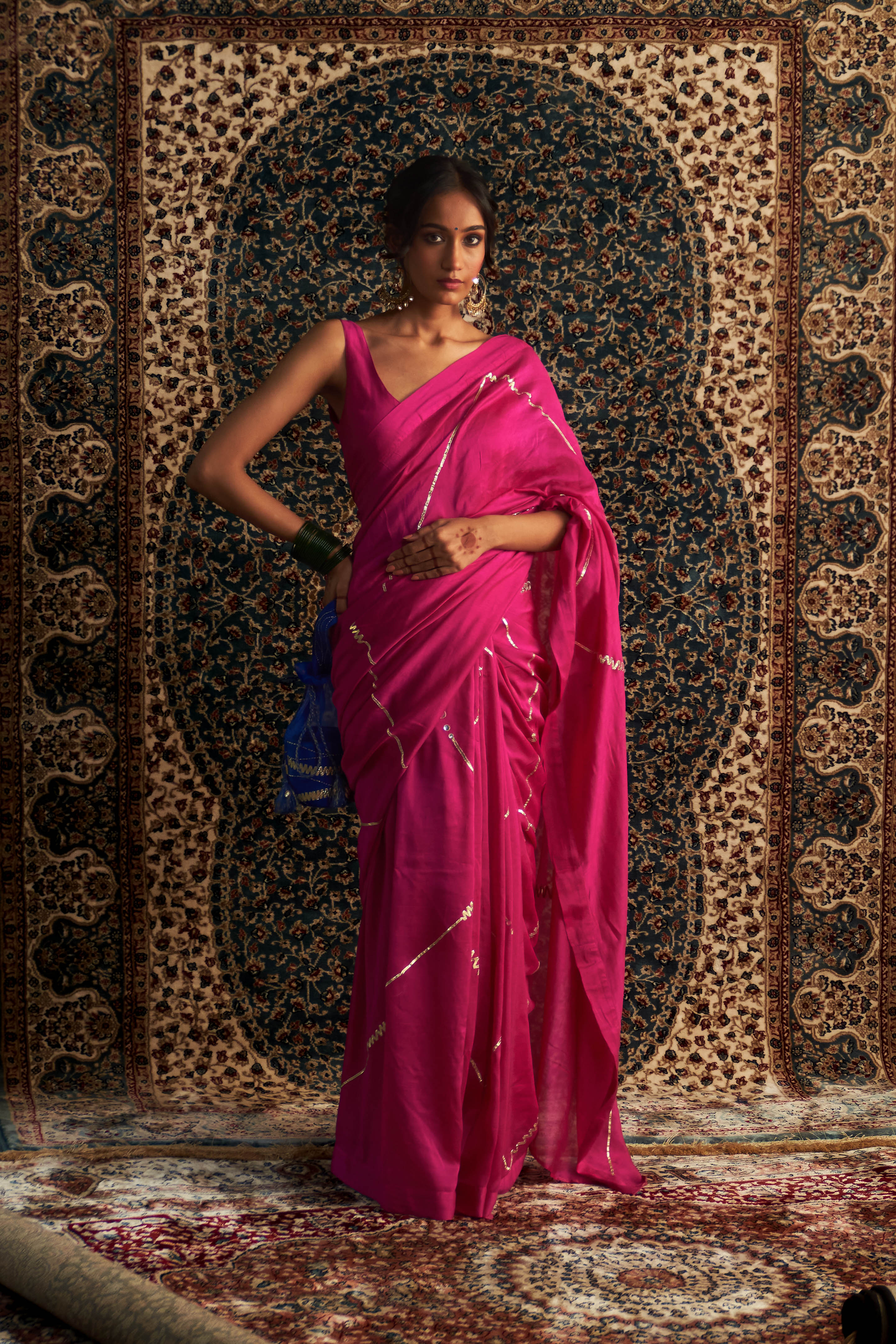 PRARAMBH EMBROIDERED CHANDERI SAREE WITH SLEEVELESS BLOUSE