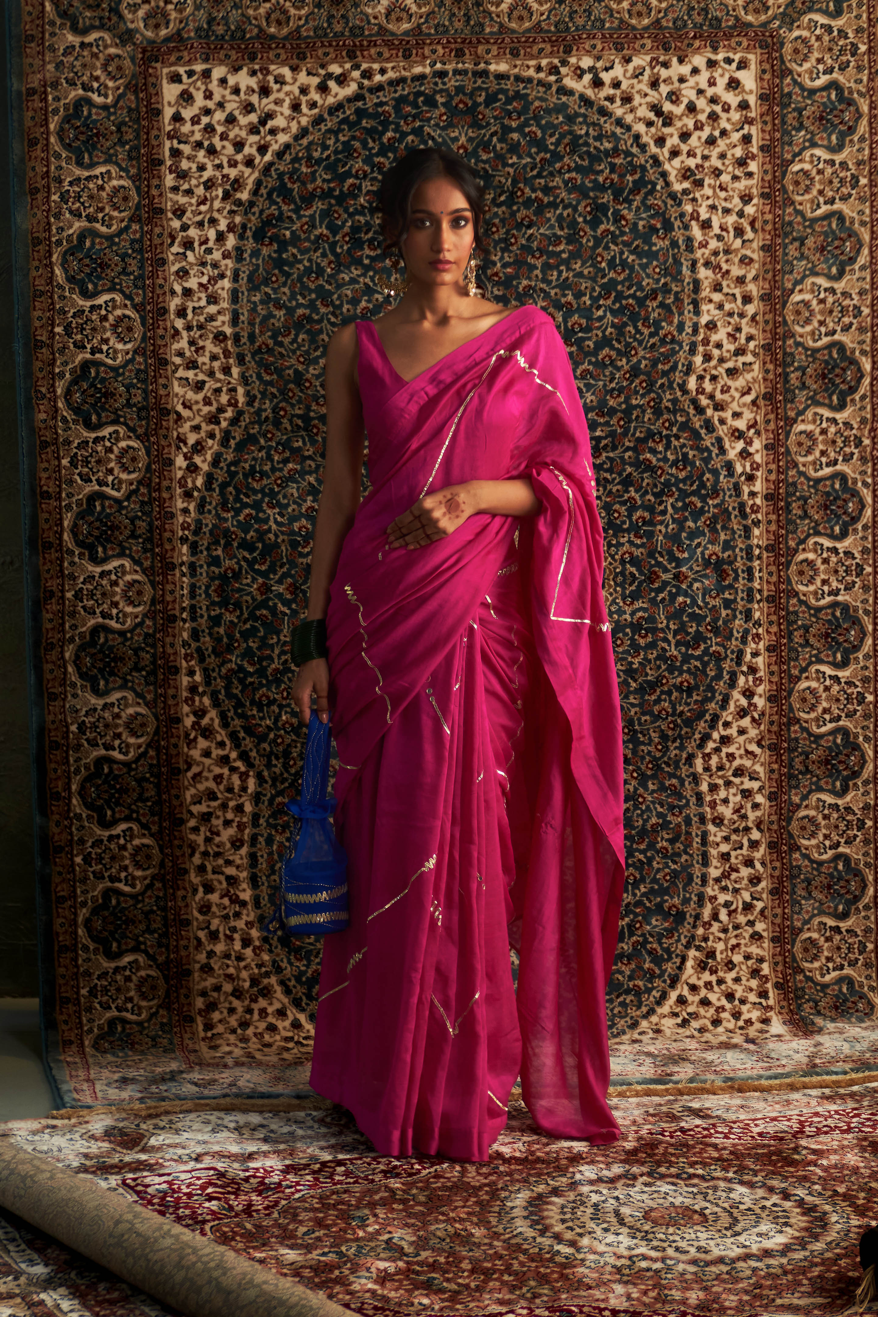 PRARAMBH EMBROIDERED CHANDERI SAREE WITH SLEEVELESS BLOUSE