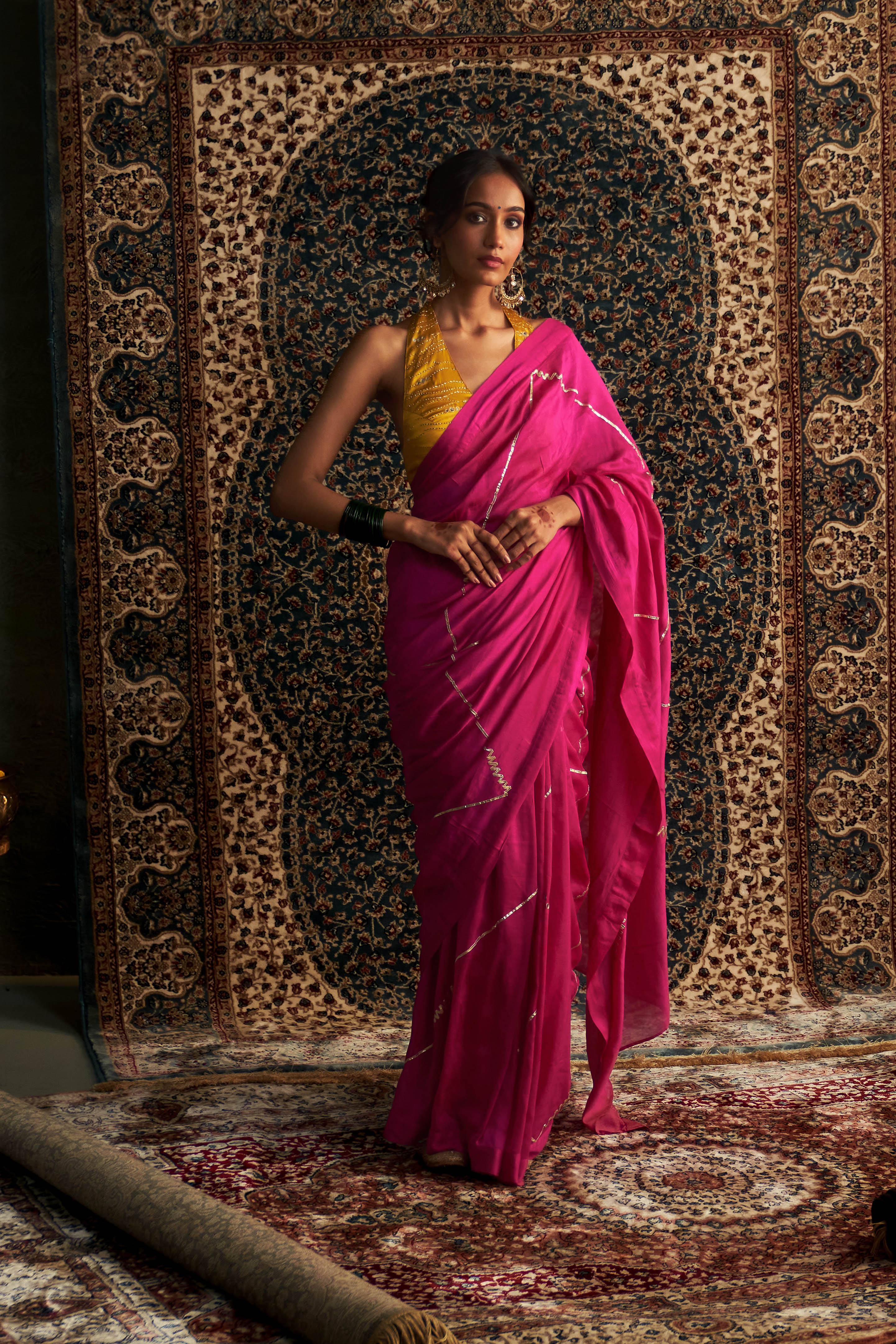 PRARAMBH EMBROIDERED CHANDERI SAREE WITH HALTER NECK BLOUSE