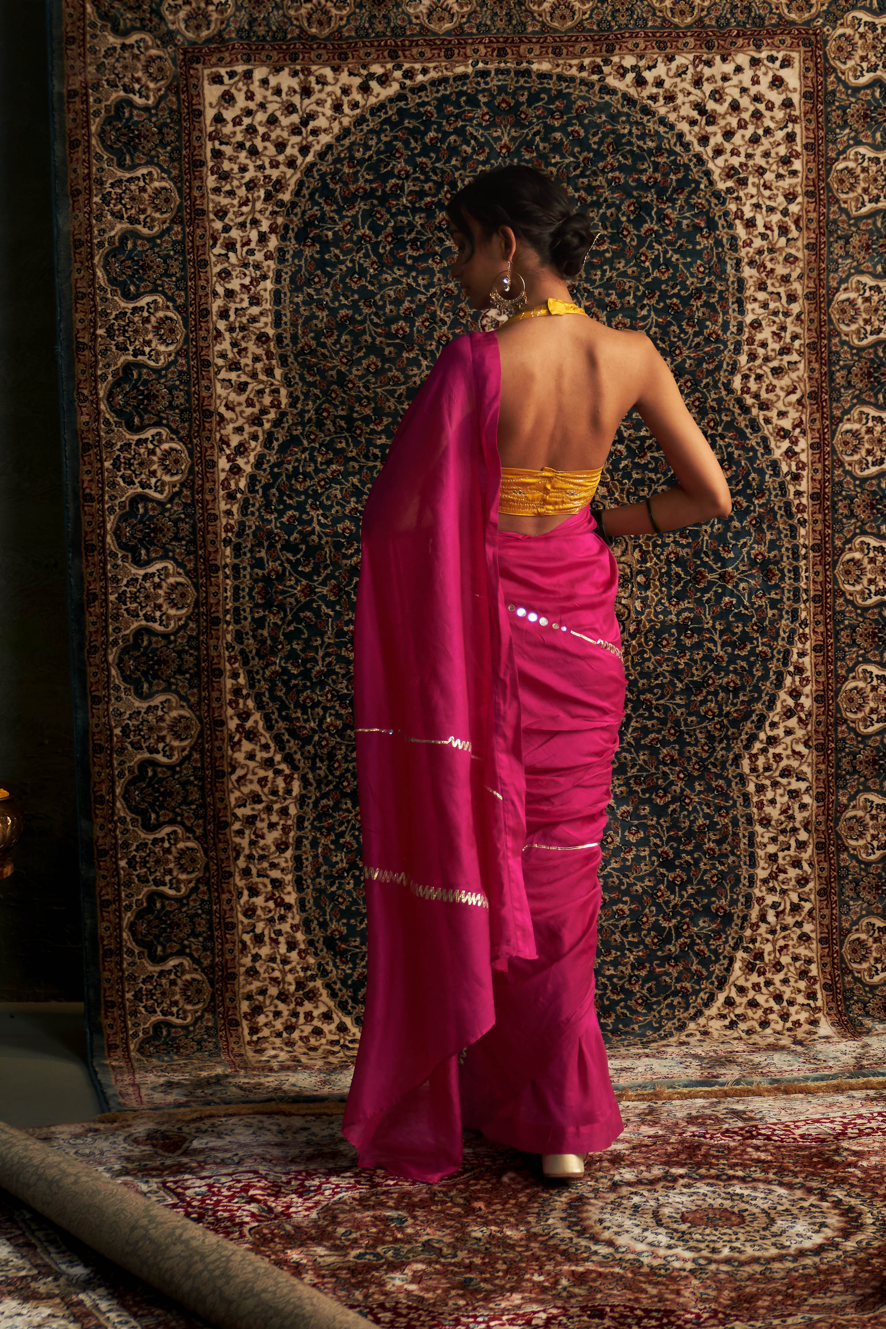 PRARAMBH EMBROIDERED CHANDERI SAREE WITH HALTER NECK BLOUSE