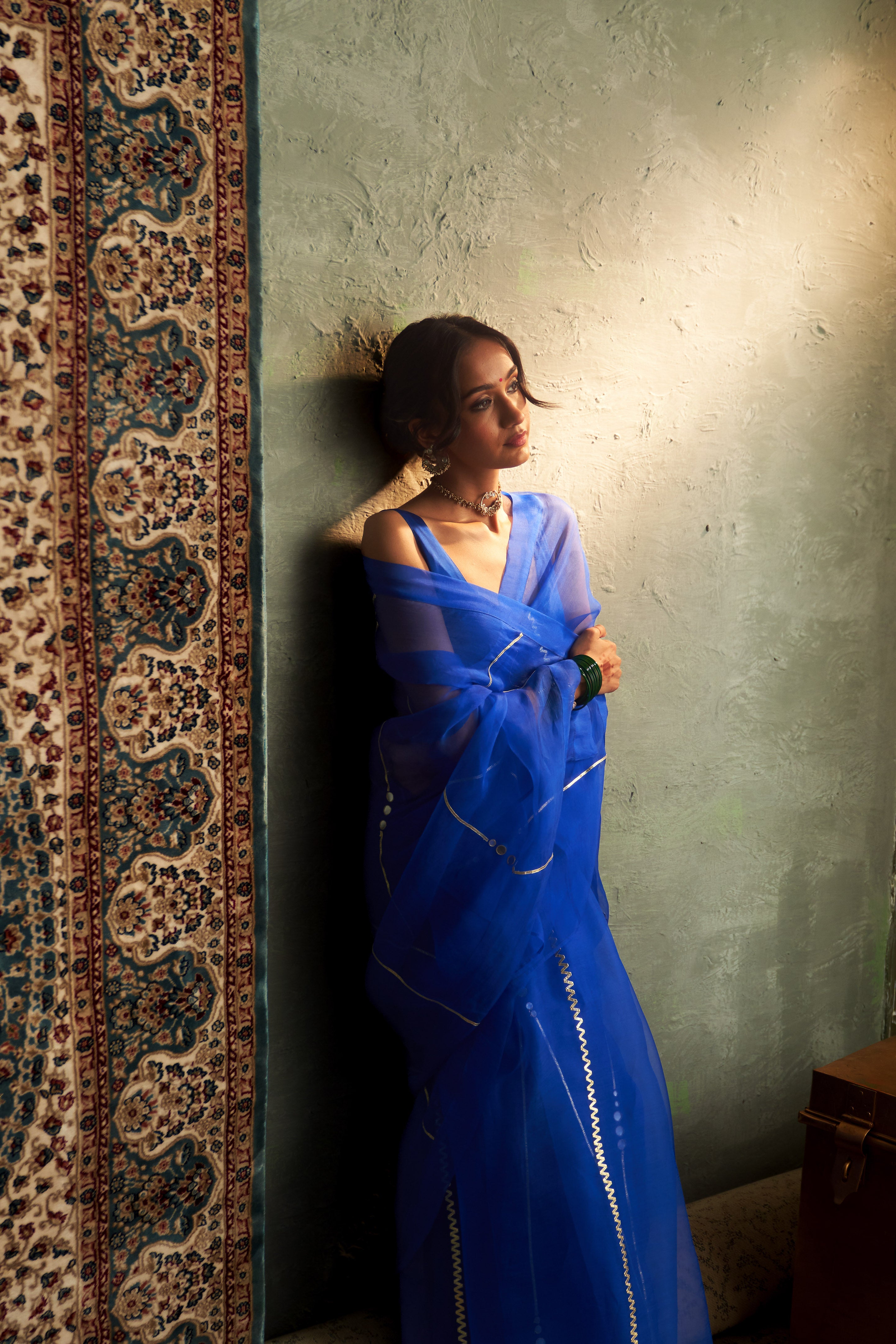 PRARAMBH EMBROIDERED ORGANZA SAREE WITH BLUE SLEEVELESS BLOUSE