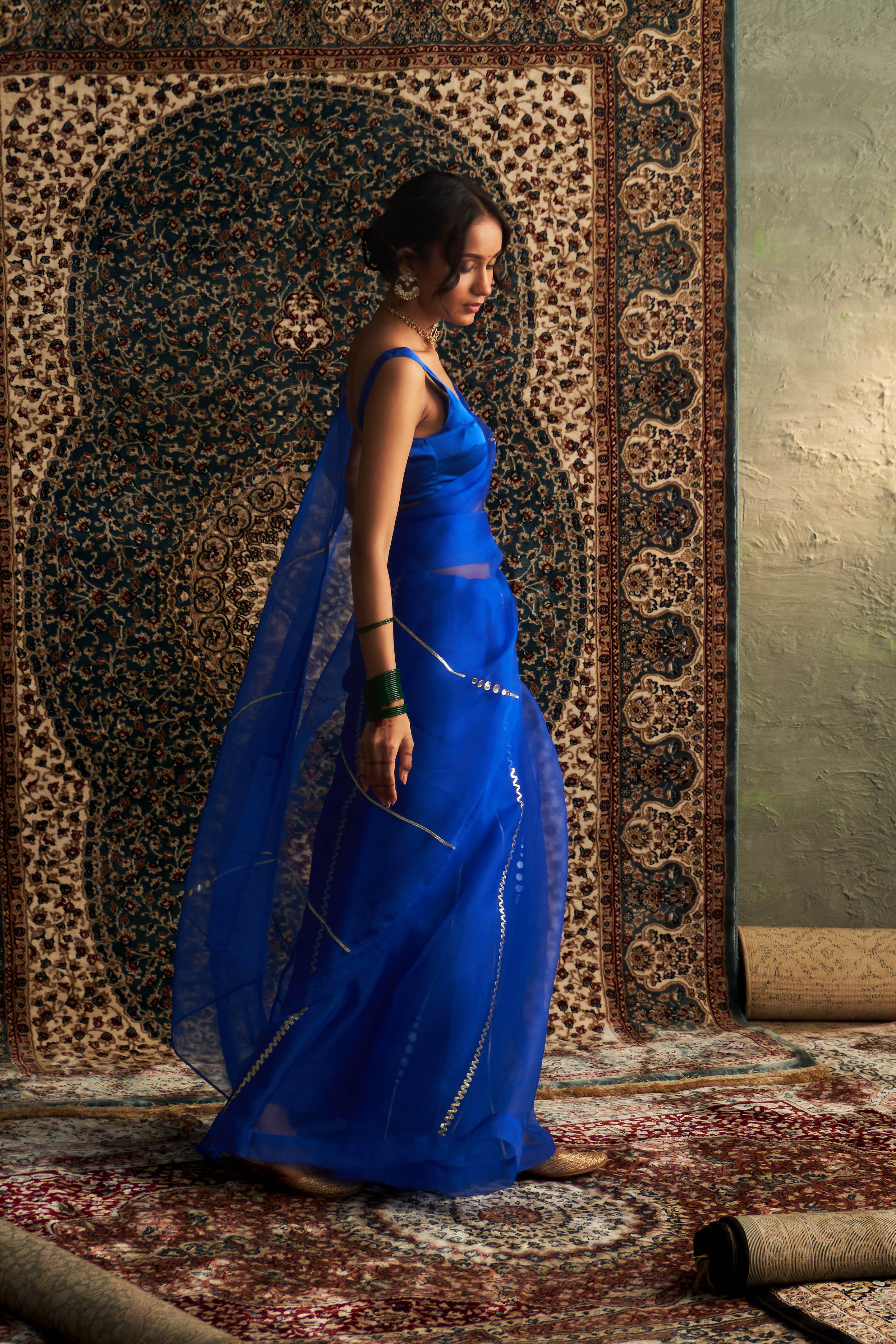 PRARAMBH EMBROIDERED ORGANZA SAREE WITH BLUE SLEEVELESS BLOUSE