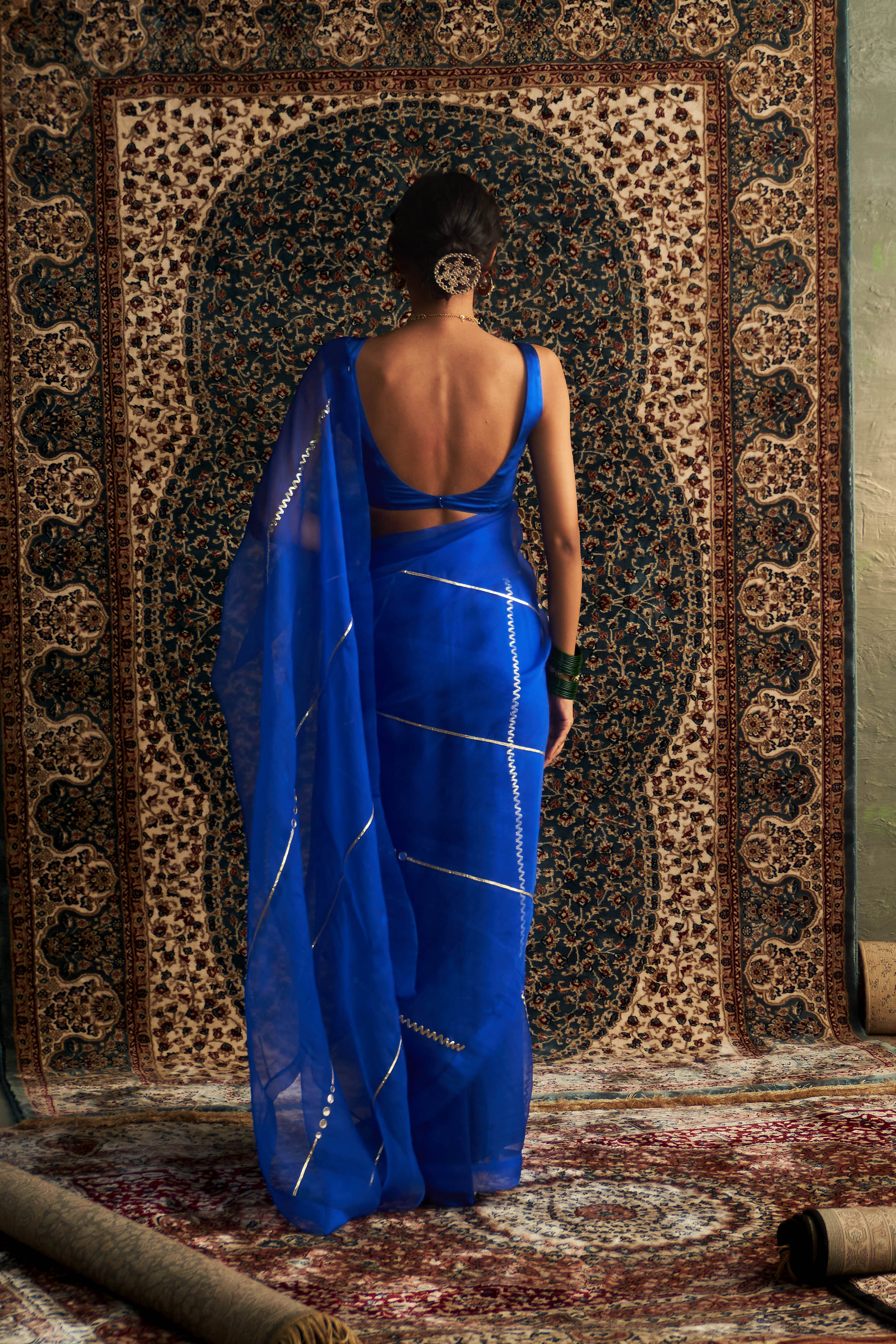 PRARAMBH EMBROIDERED ORGANZA SAREE WITH BLUE SLEEVELESS BLOUSE