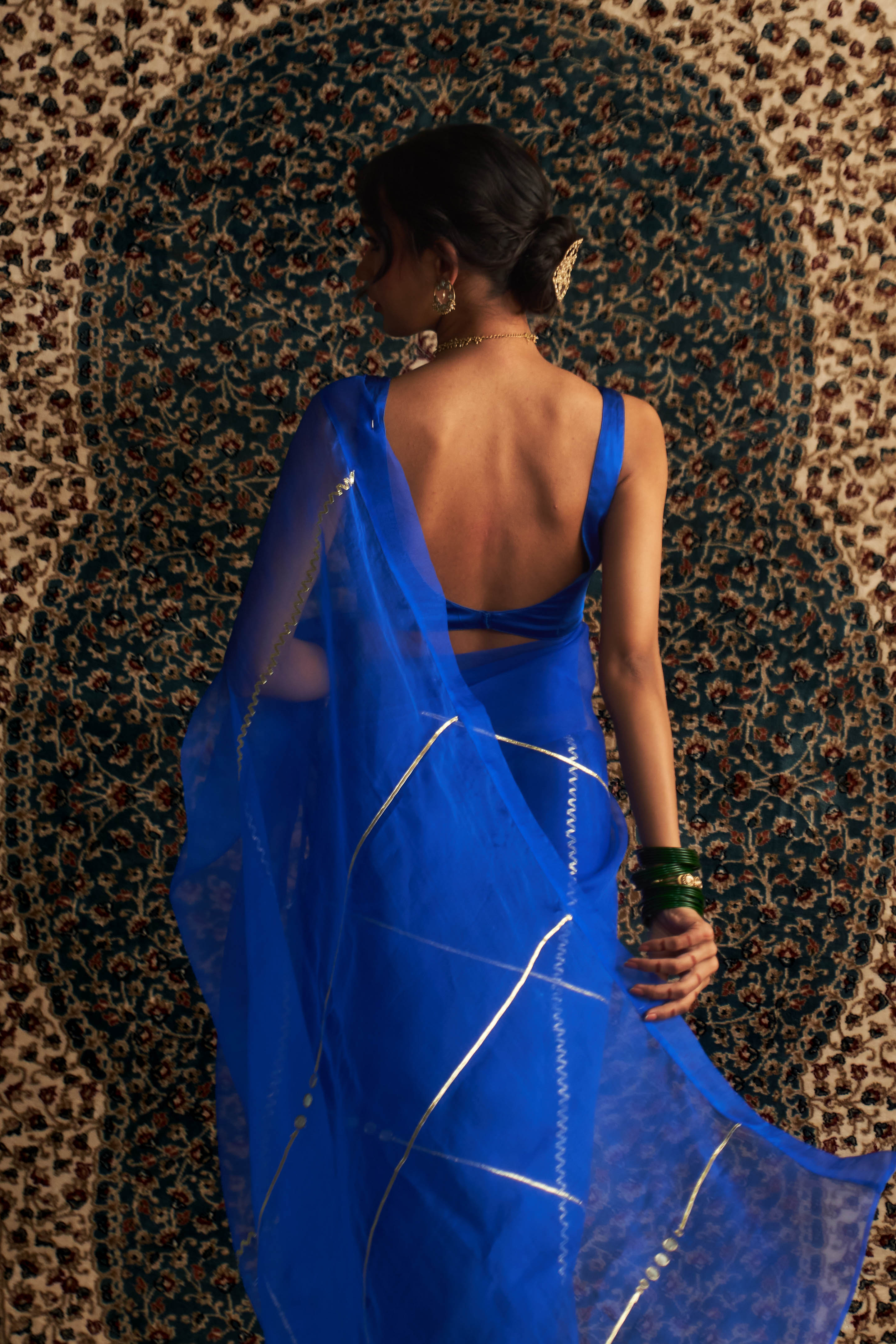 PRARAMBH EMBROIDERED ORGANZA SAREE WITH BLUE SLEEVELESS BLOUSE