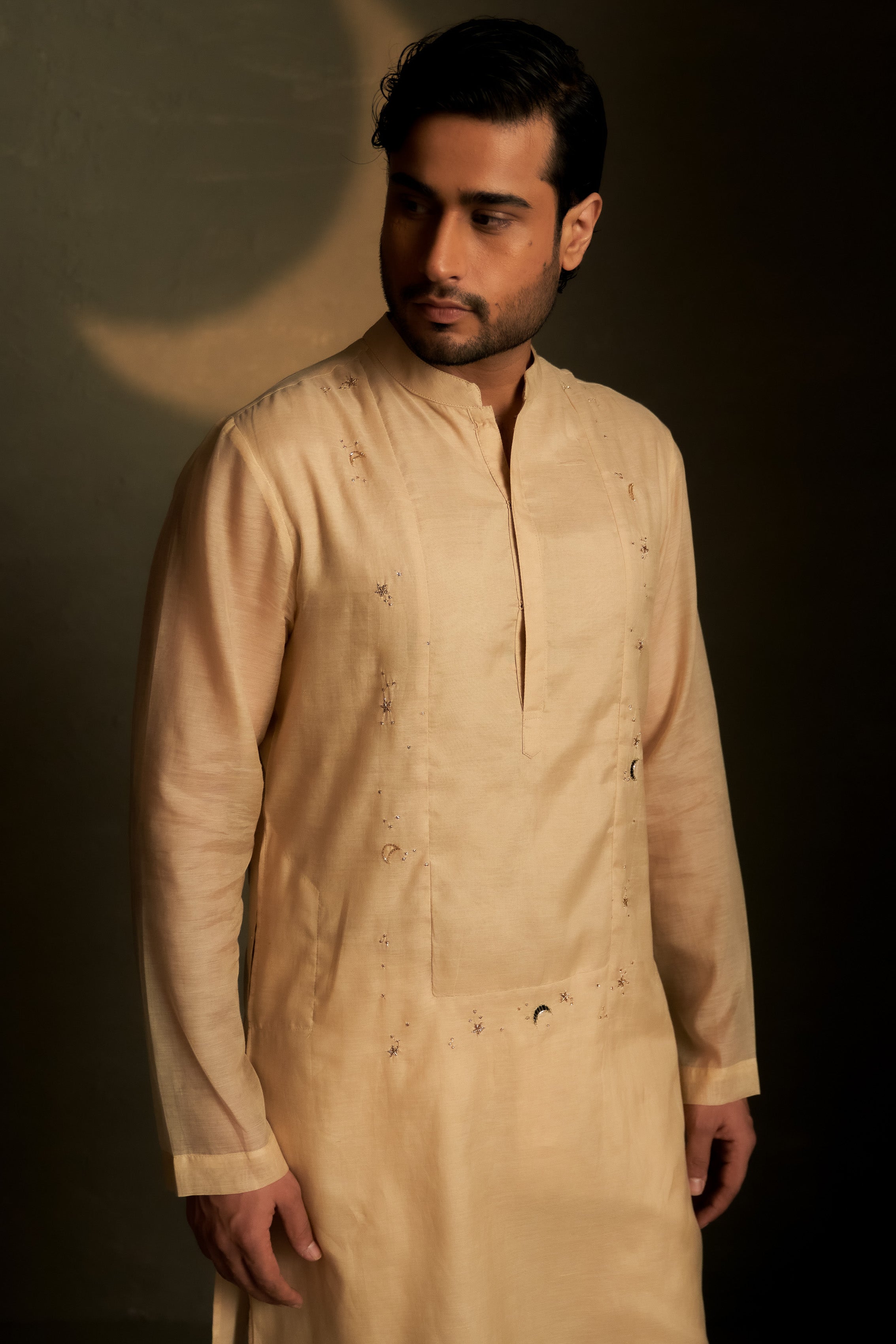 GOLDEN BEIGE LONG KURTA SET WITH LONG JACKET