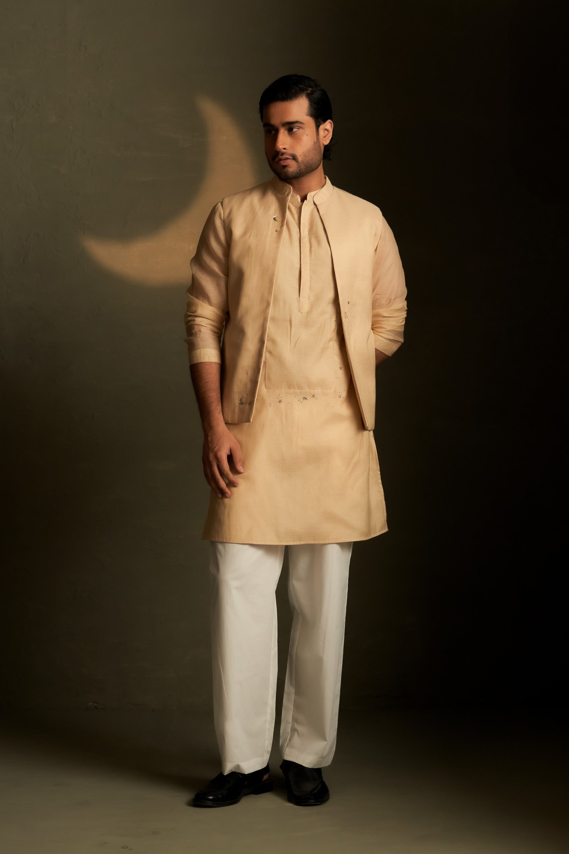 GOLDEN BEIGE LONG KURTA SET WITH SHORT JACKET