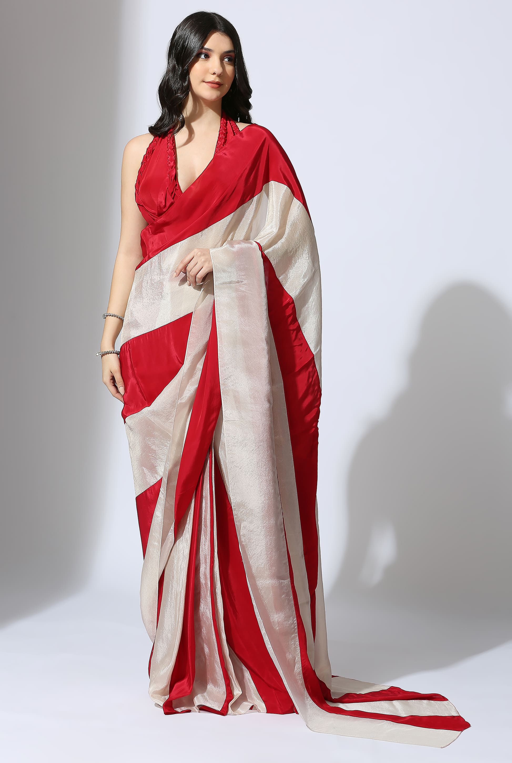 RED AND BEIGE STRIPE COLOUR BLOCK SAREE