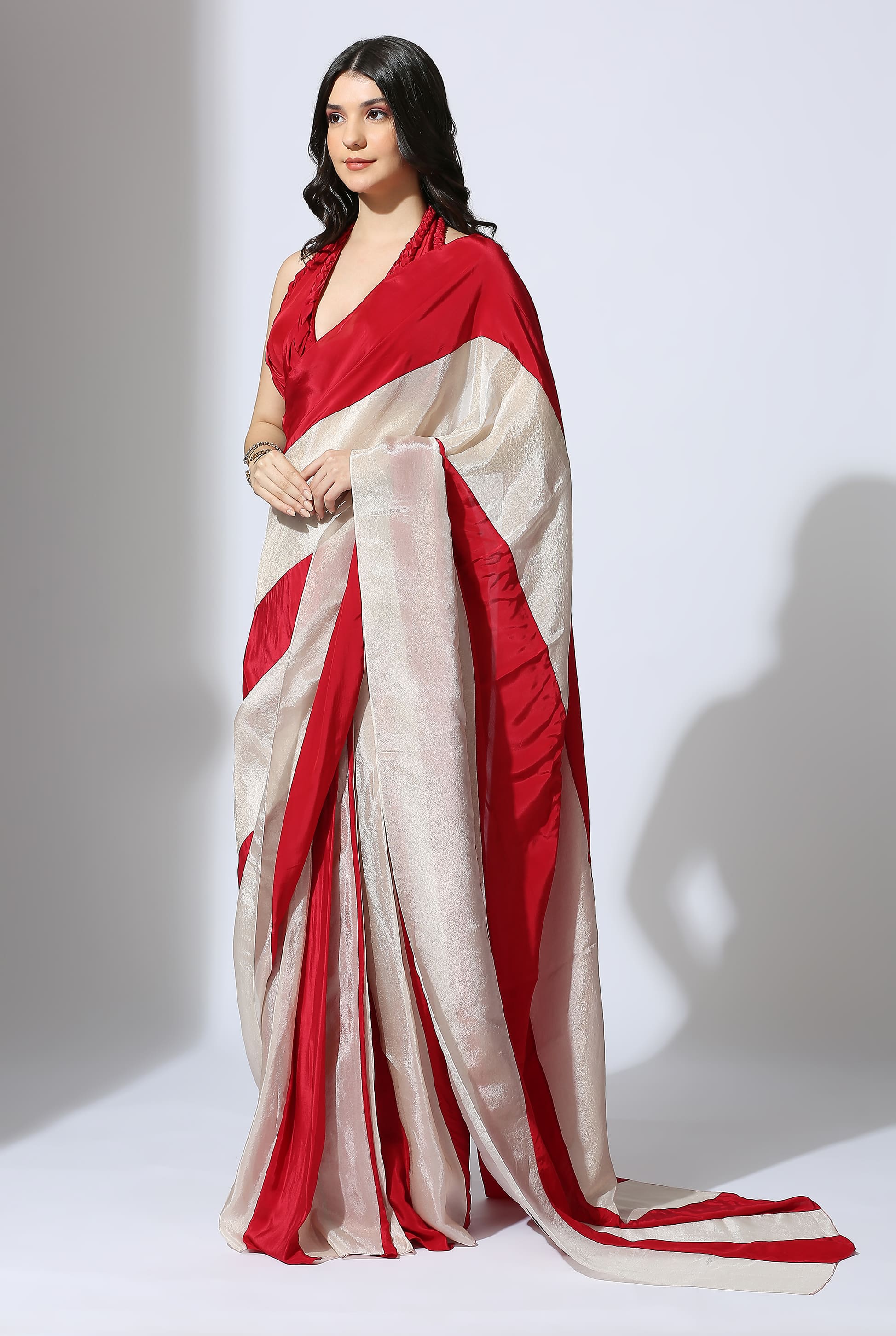 RED AND BEIGE STRIPE COLOUR BLOCK SAREE