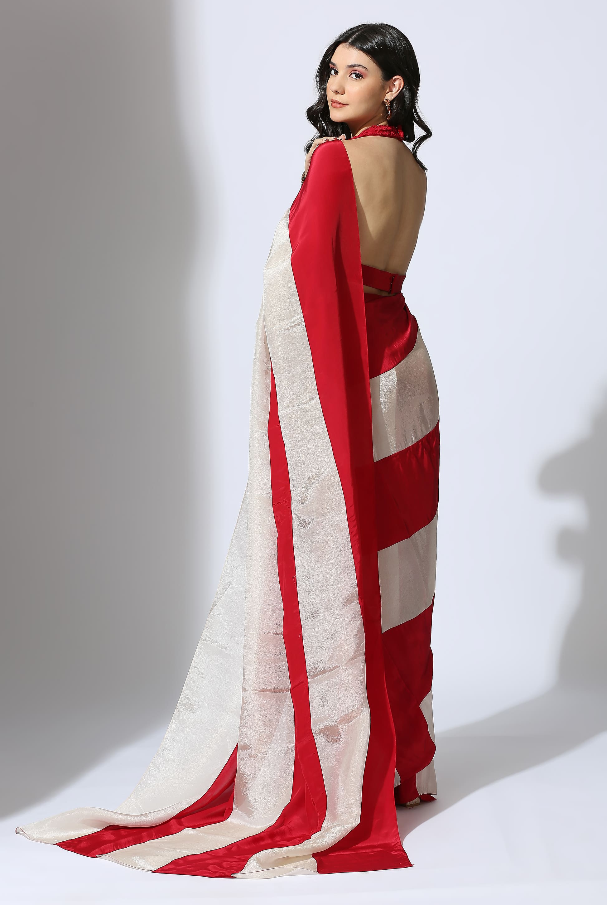 RED AND BEIGE STRIPE COLOUR BLOCK SAREE