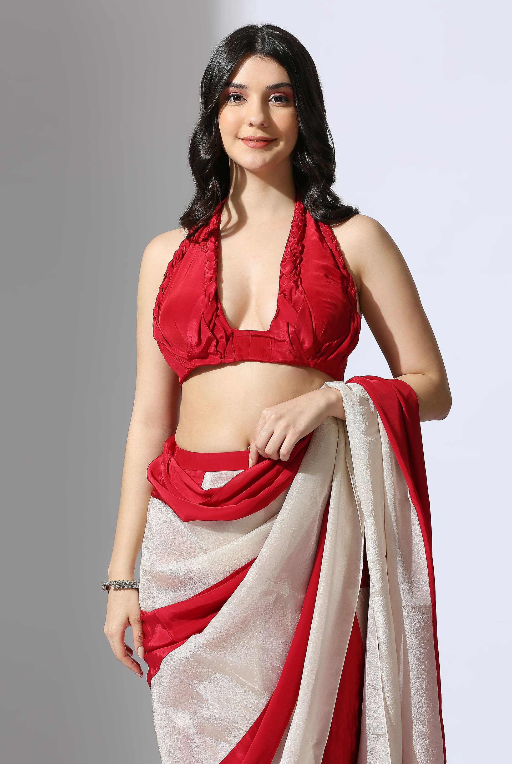 RED AND BEIGE STRIPE COLOUR BLOCK SAREE