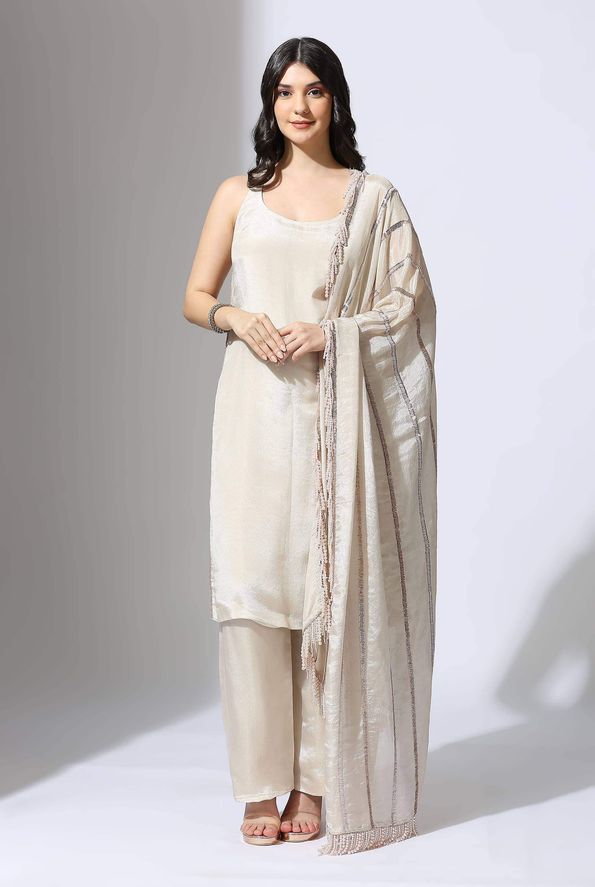 BEIGE TISSUE EMBROIDERED KURTA SET