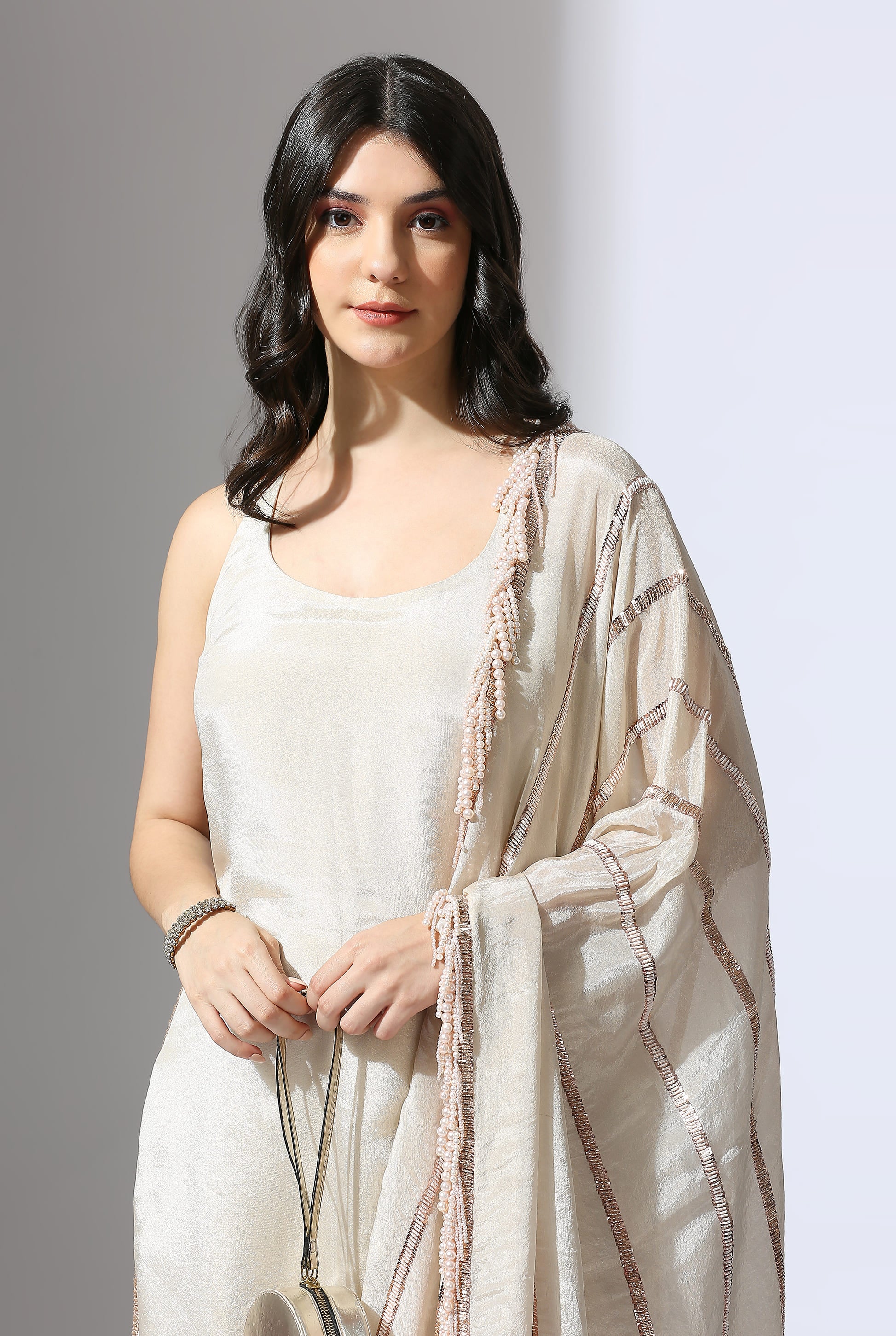 BEIGE TISSUE EMBROIDERED KURTA SET