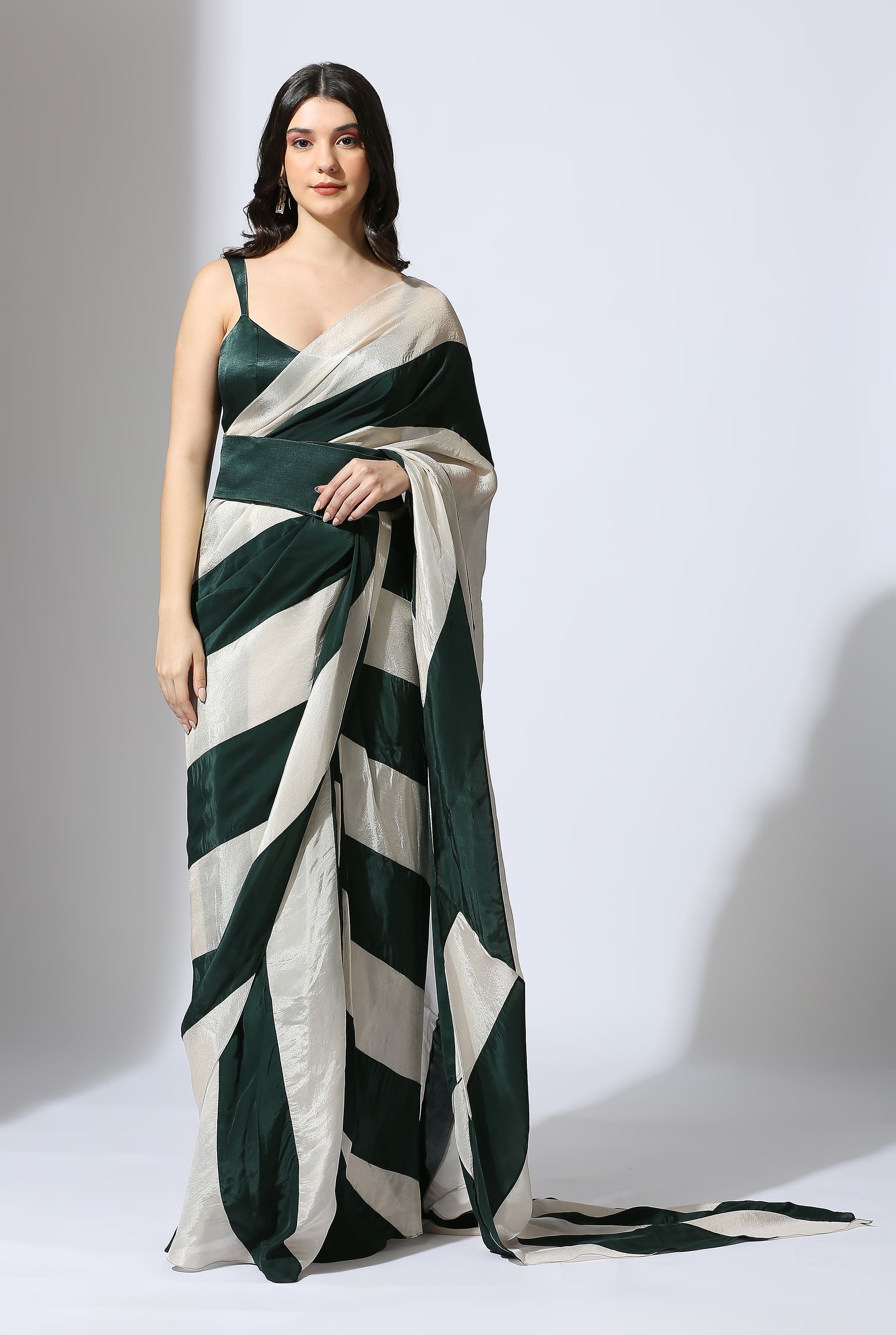 BOTTLE GREEN BLOCK SAREE WITH WAIST BELT