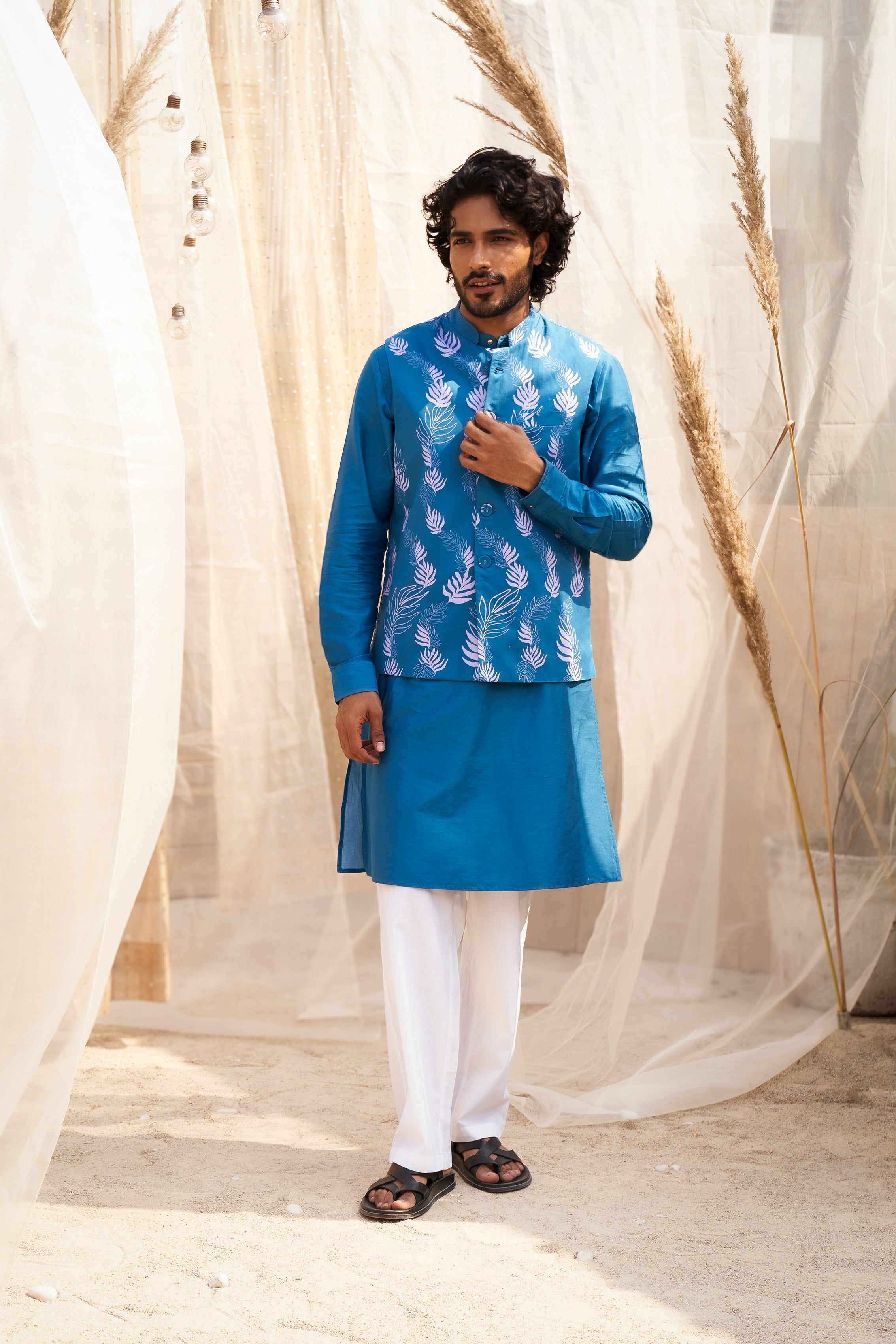PLAIN OCEAN BLUE KURTA SET WITH STYLISH LEAF-PRINTED JACKET