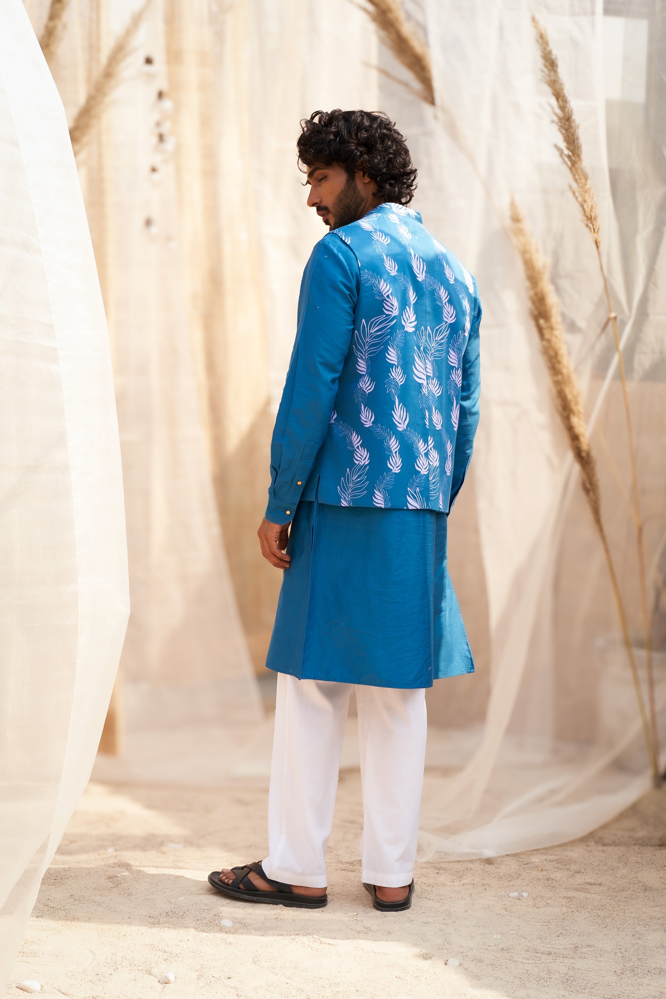 PLAIN OCEAN BLUE KURTA SET WITH STYLISH LEAF-PRINTED JACKET