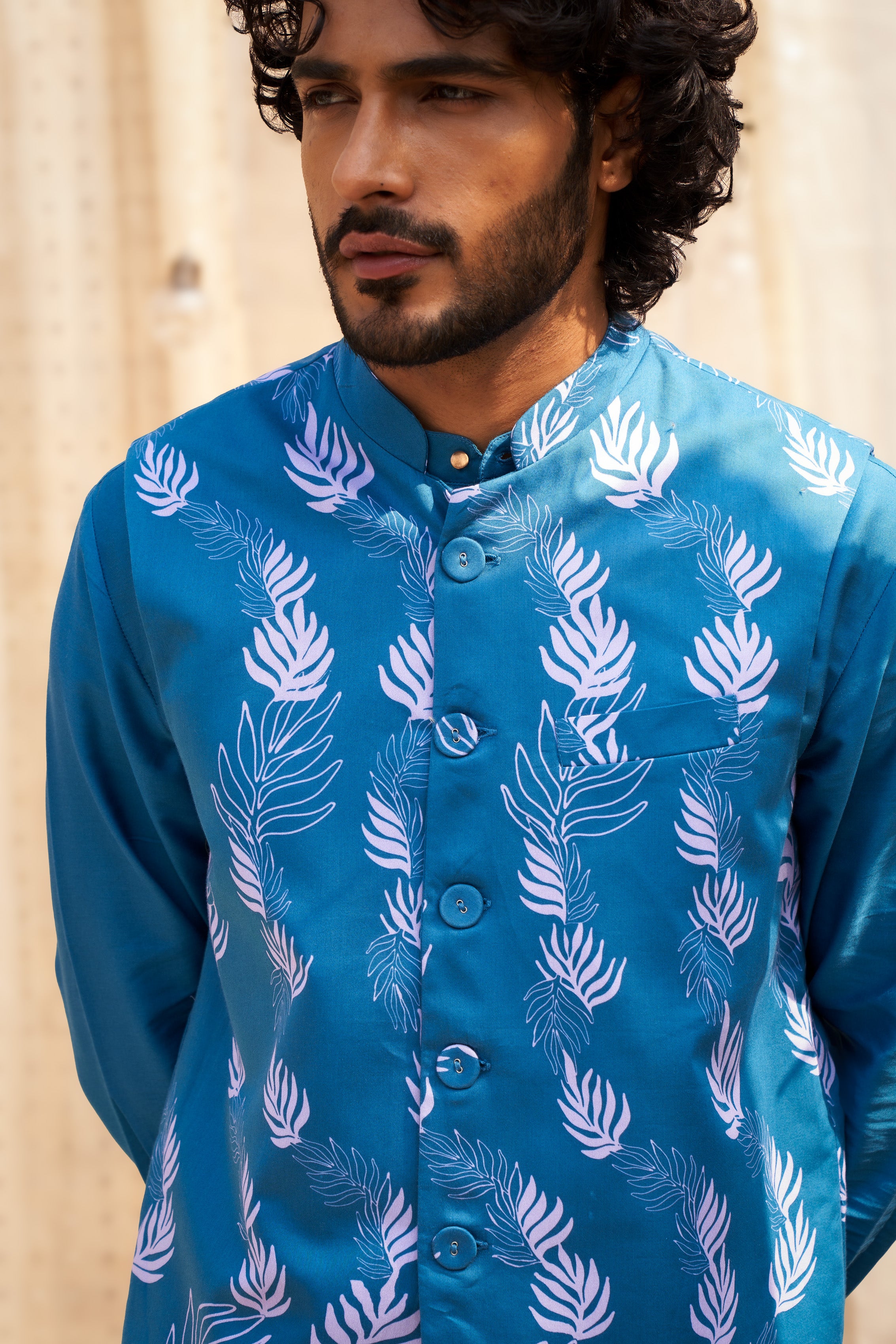 PLAIN OCEAN BLUE KURTA SET WITH STYLISH LEAF-PRINTED JACKET