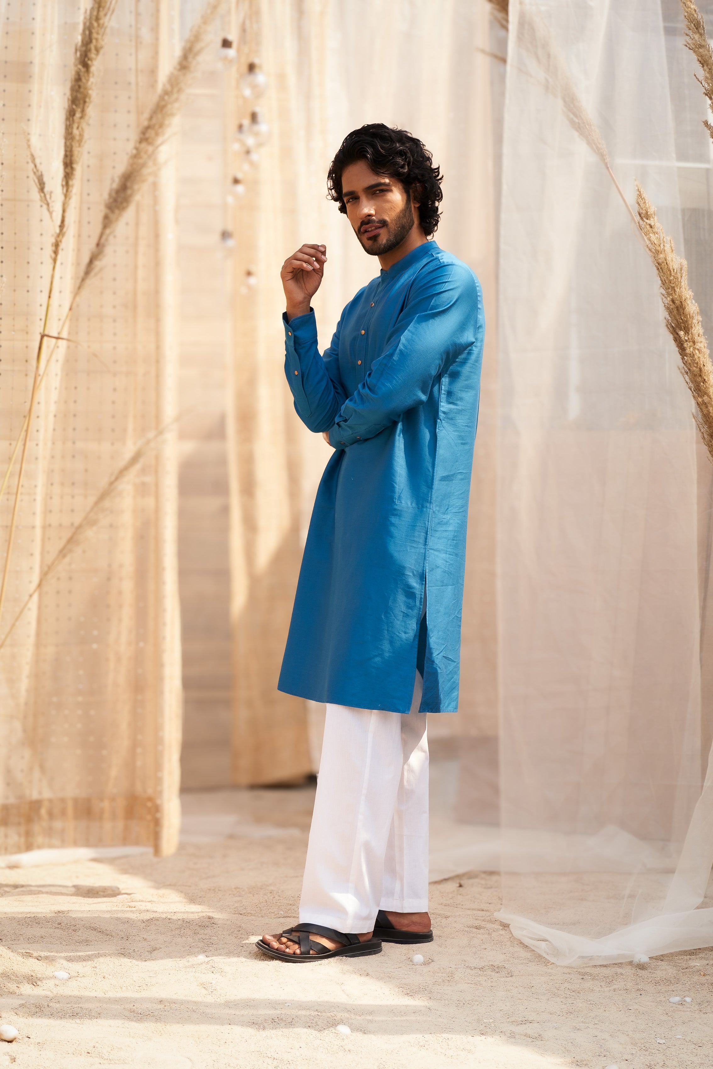 PLAIN OCEAN BLUE KURTA SET WITH STYLISH LEAF-PRINTED JACKET