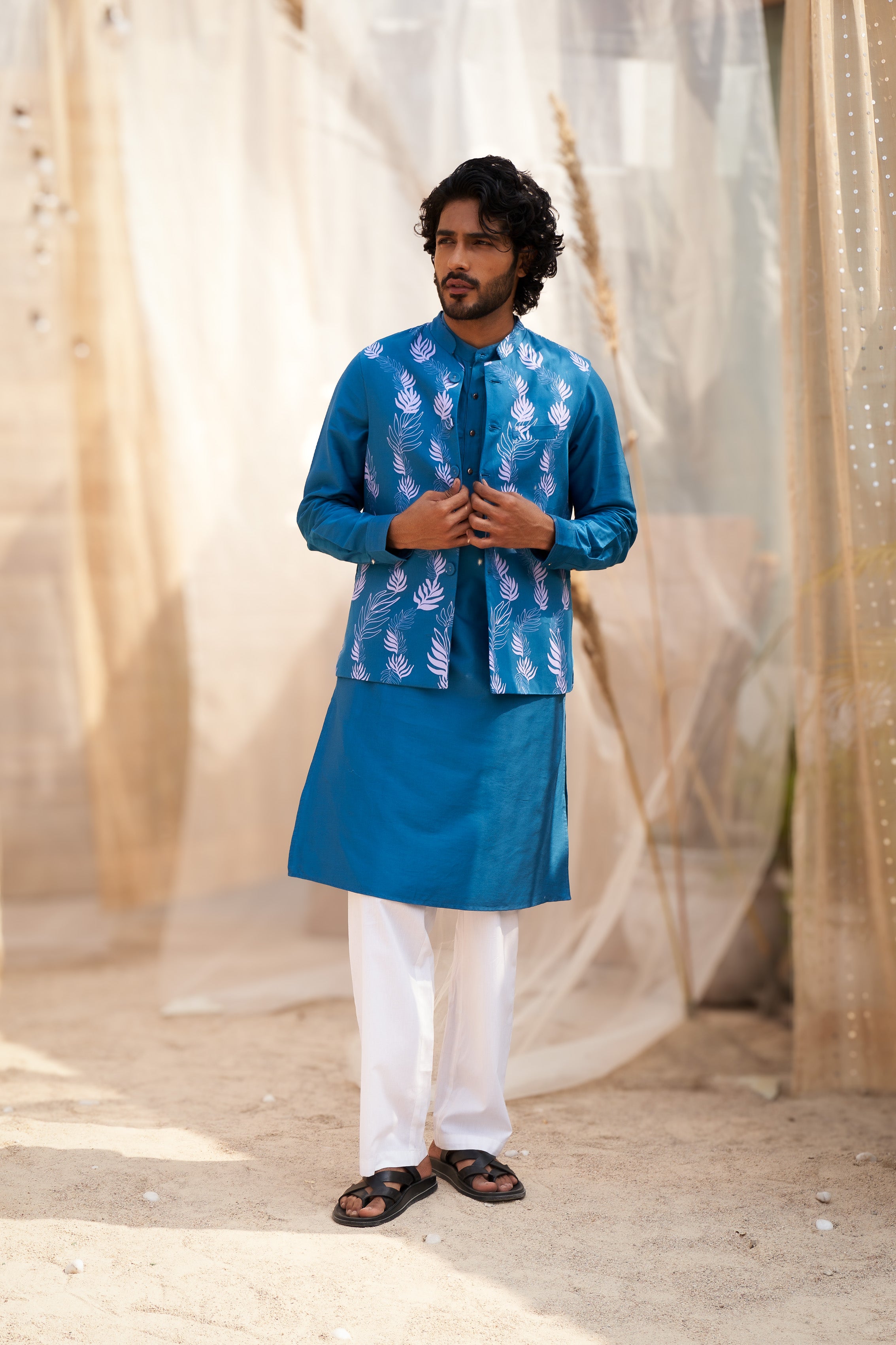 PLAIN OCEAN BLUE KURTA SET WITH STYLISH LEAF-PRINTED JACKET