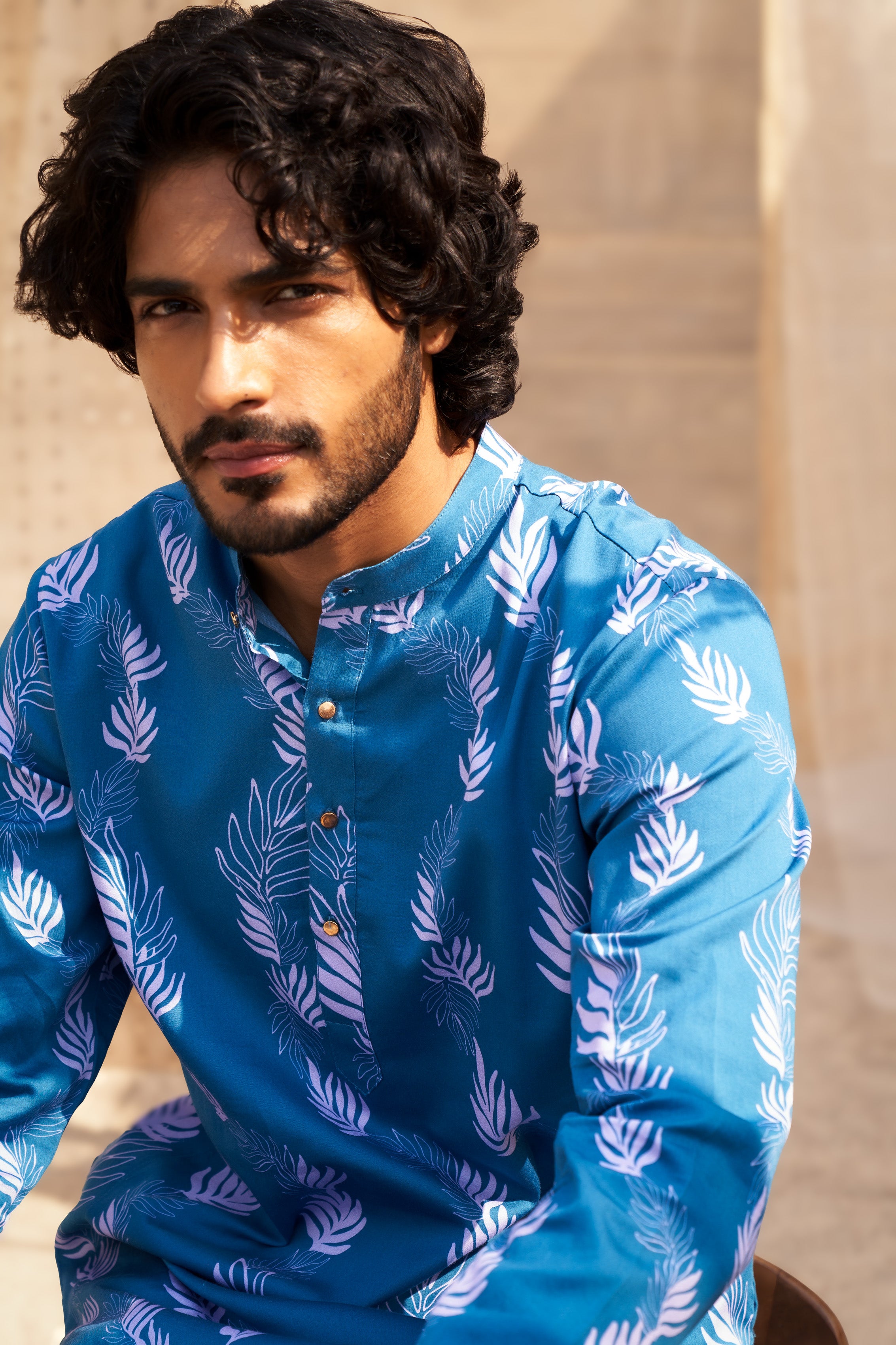 OCEAN BLUE LEAF-PRINT KURTA SET WITH STRAIGHT PANTS