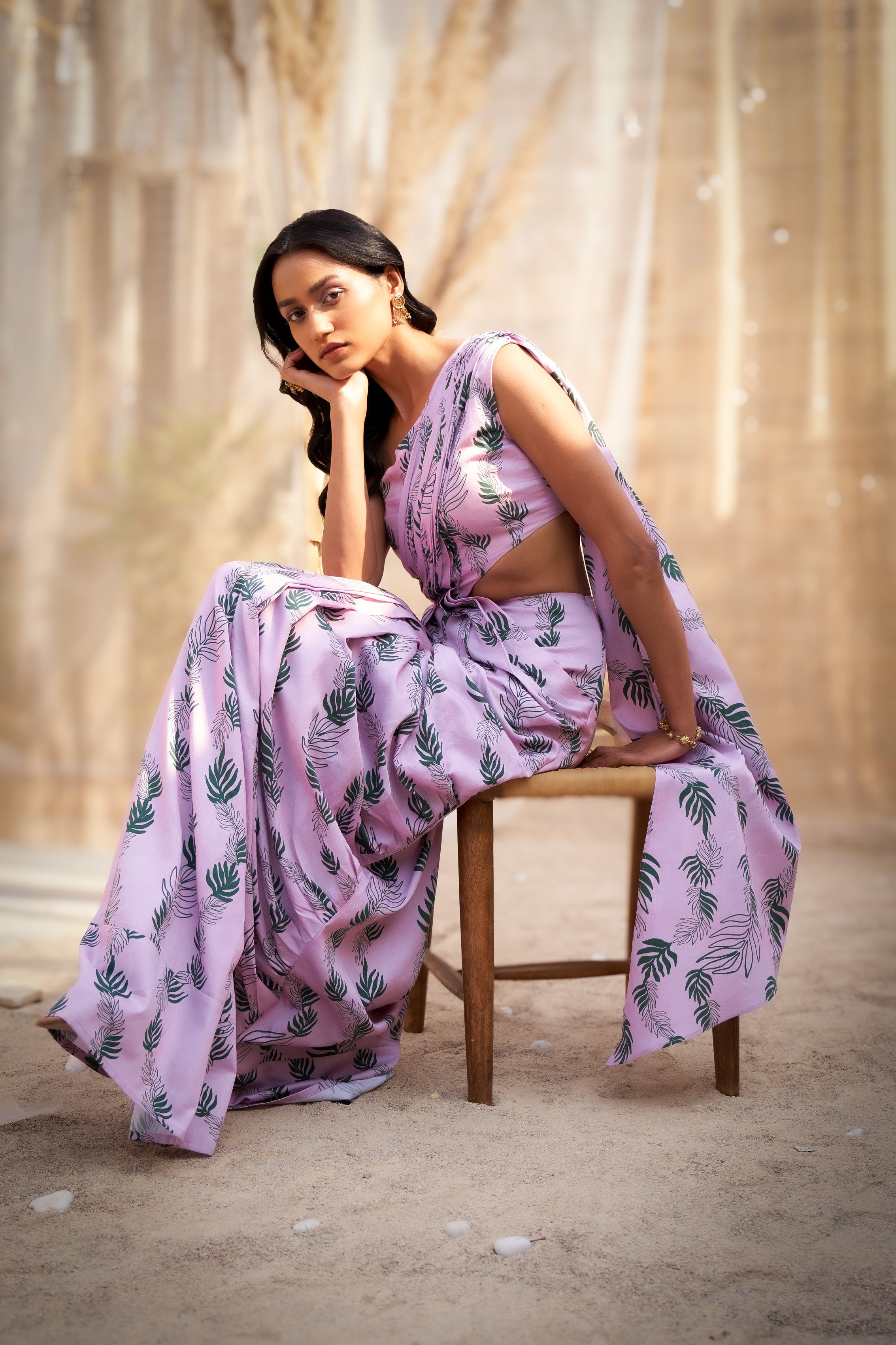 ONE-SHOULDER LEAF-PRINTED DRAPE SAREE DRESS