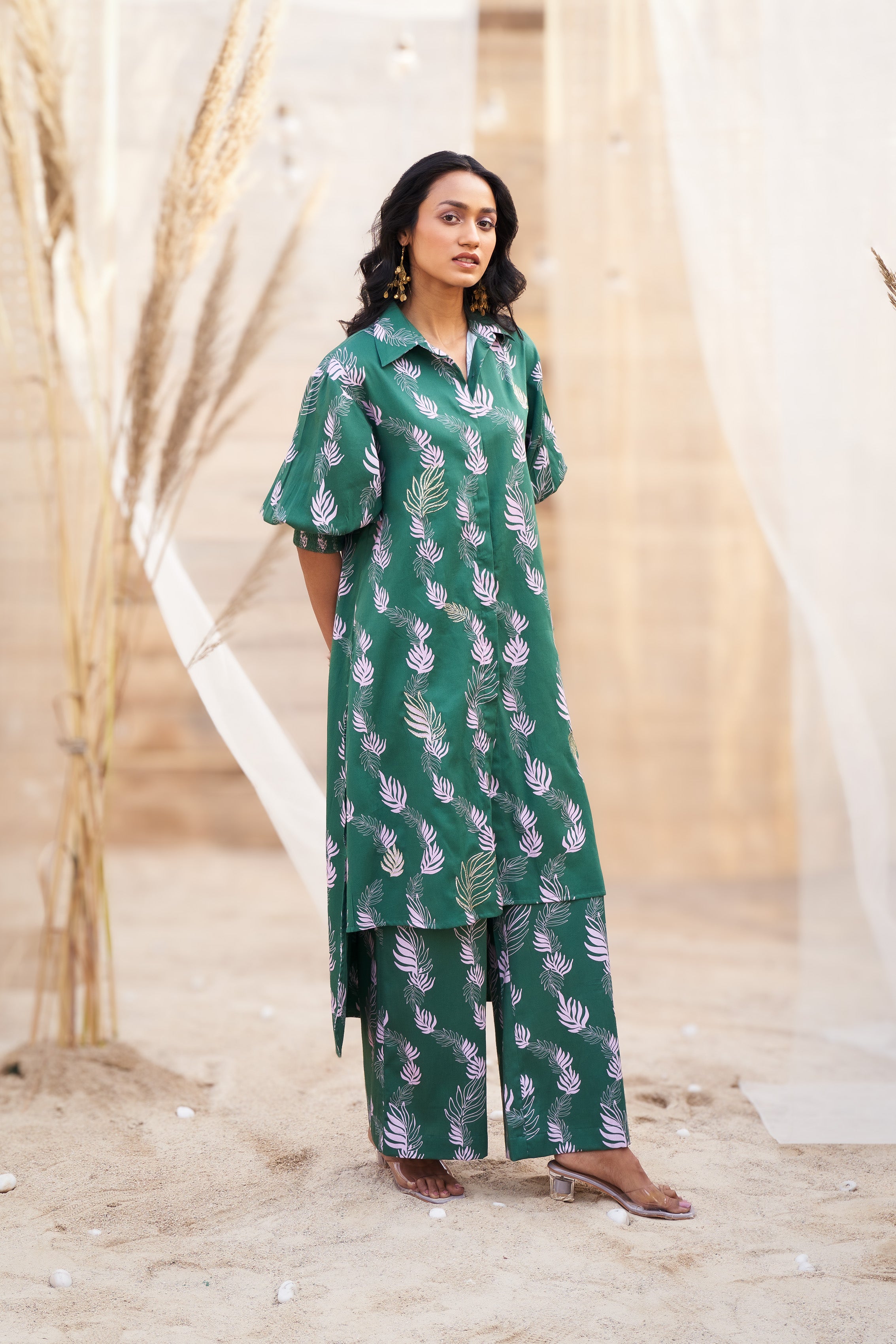 CHARMING LEAF-PRINT CO-ORD SET WITH ZARI HIGHLIGHTS & FLARED PANTS